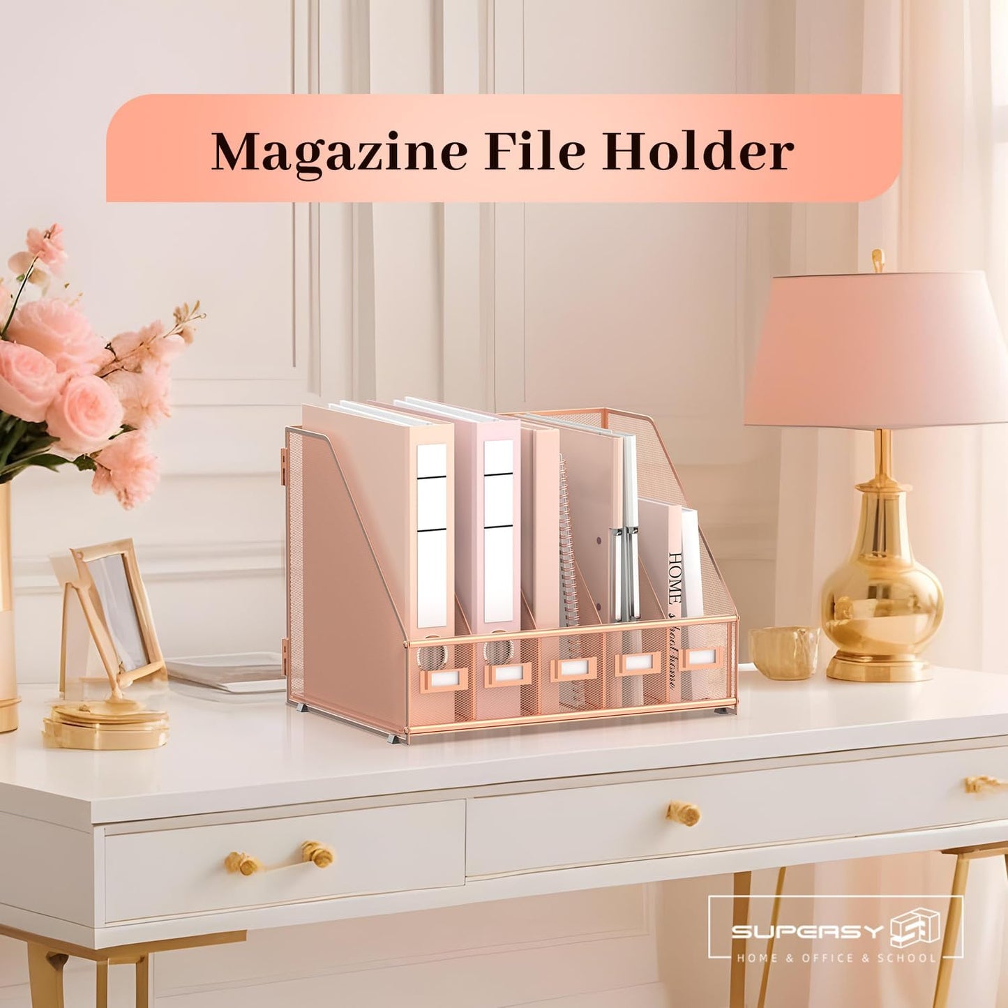 SUPEASY Desk Organizers Metal Desk Magazine File Holder with 5 Vertical Compartments Rack File Organizer for Office Desktop, Home Workspace, Rose Gold, Plus