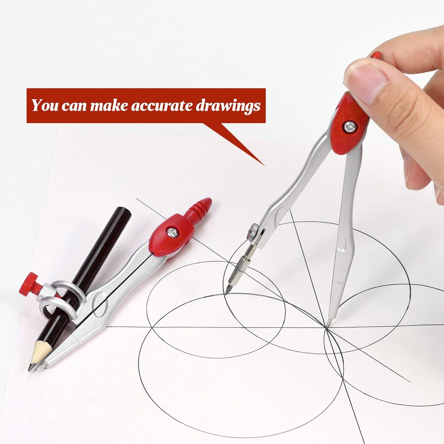 Math Geometry Kit Sets 10 Piece Student Supplies with Shatterproof Storage Box,Includes Rulers,Protractor,Compass,Eraser,Pencil Sharpener,Lead Refills,Pencil,for Drafting and Drawings（Red）