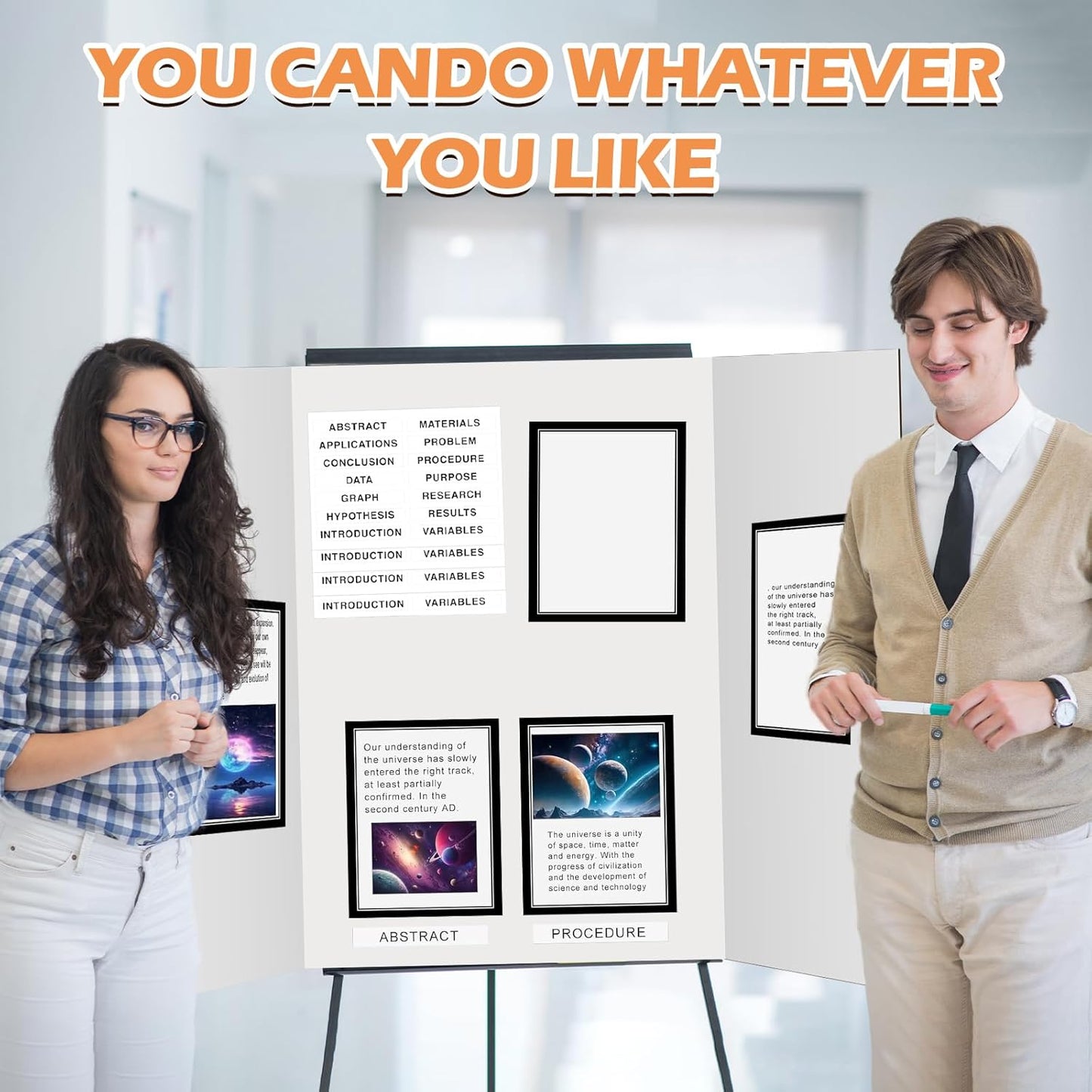 4 Pack 36"x48" Large Trifold Poster Display Board with Headers,White Foldable Presentation Paper Board with 4 Science Subtitles and 32 Self-Adhesive for School Science Business Project Display