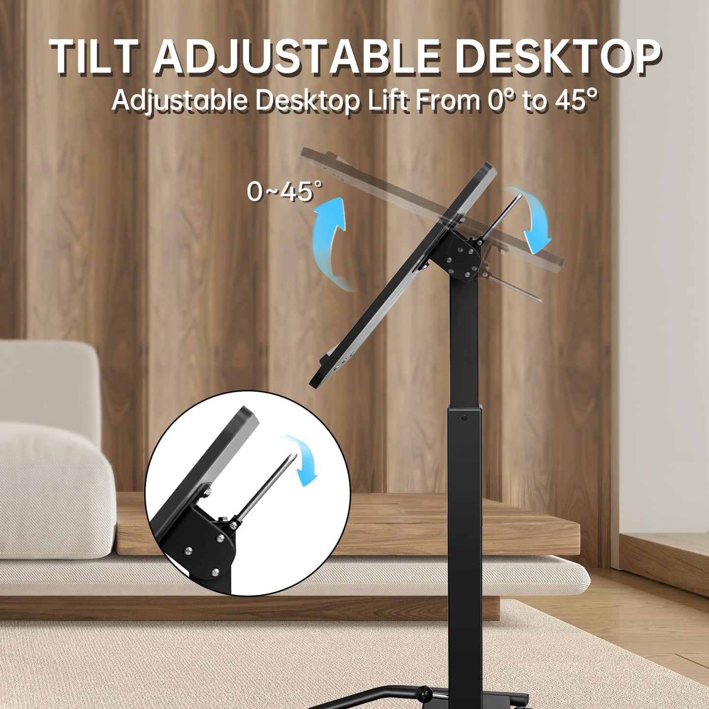 Mobile Standing Desk with 45° Tilting Desktop, Portable Rolling Standing, Height Adjustable Sit Stand Foldable with Wheels, Mobile Desk Workstation for Home Office (Black, Small)