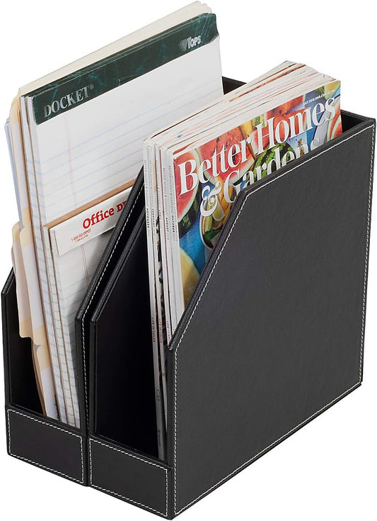 MobileVision Executive Leather Vertical File Folder Holder & Office Product Organizer, Store Files, Magazines, Notepads, Books and more, 2 Pack Combo Set