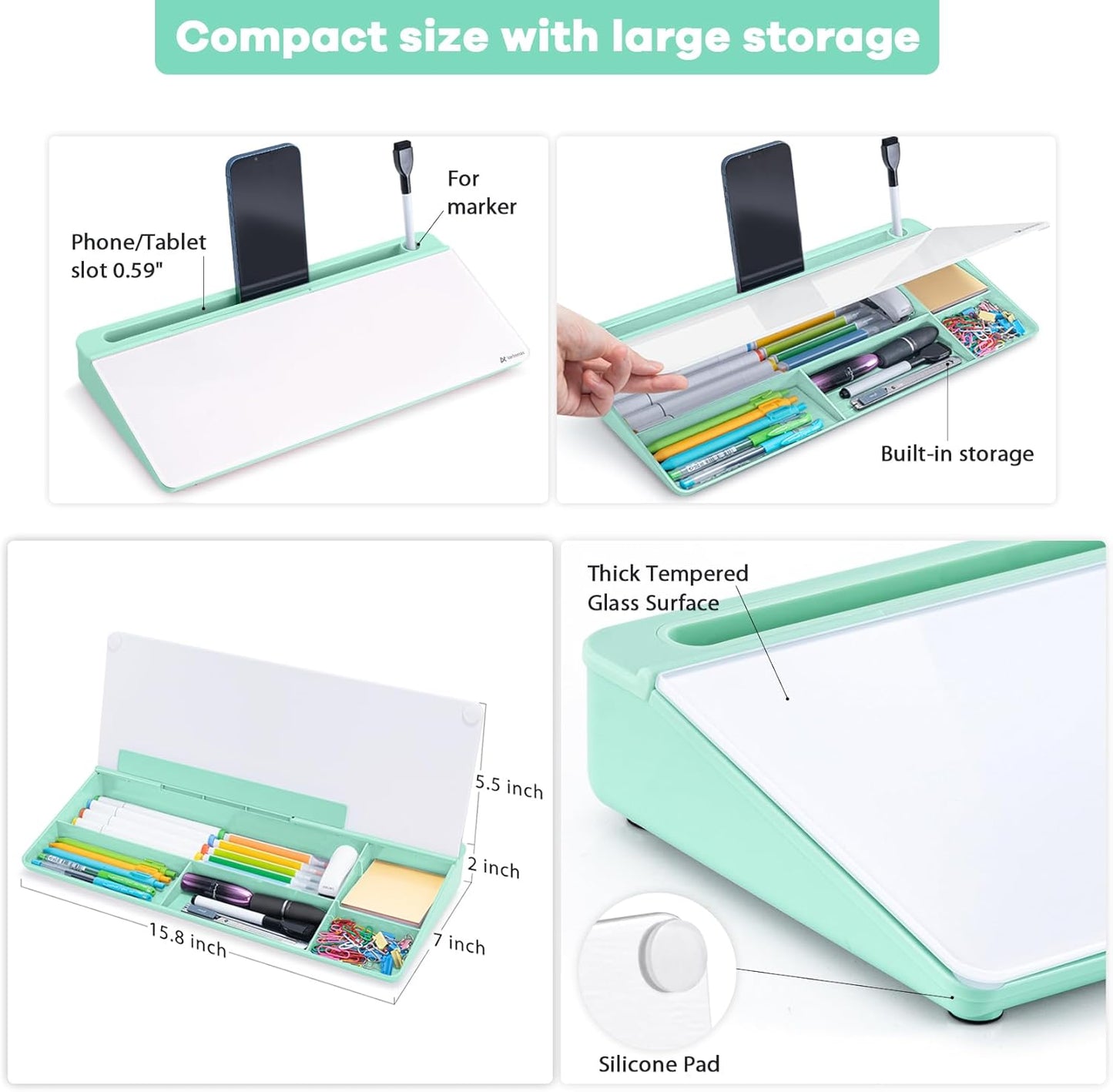 Varhomax Glass Desk Whiteboard with Storage, Desktop Dry Erase White Board to-do List Memo Keyboard Stand for Home Office and School Supplies (Green)