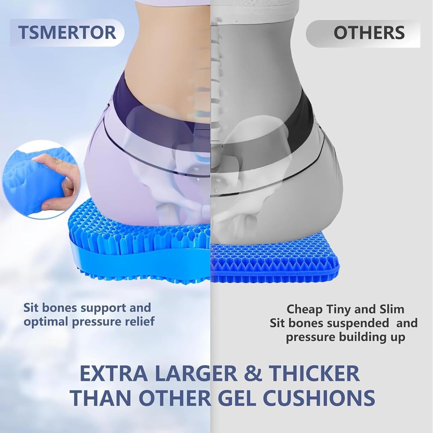 Thicken 19.7in Seat Cushion Gel, Large Cooling Seat Cushion for Long Sitting, Cushion for Wheelchair, Pressure Relief Cushion Seat for Office Chair, Chair Seat Pads for Car Desk Chair Kayak Stadium