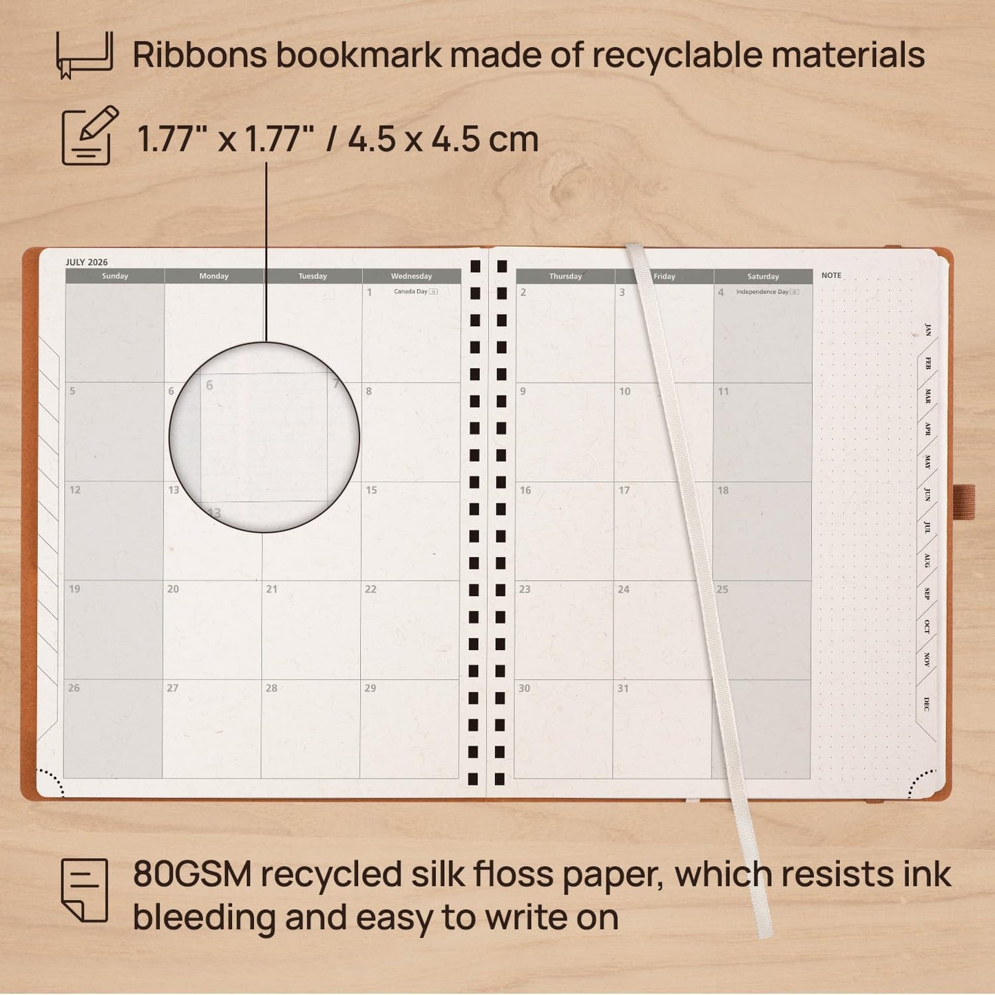 POPRUN 2026 Planner - 2026 Recycled Weekly Planner [Italian Regenrated Leather - Medium Size 8.5'' x 10.5''] - 2026 Weekly Planner with Hourly Schedule, Monthly Tabs-26-WERK7-BGY - Black Grey