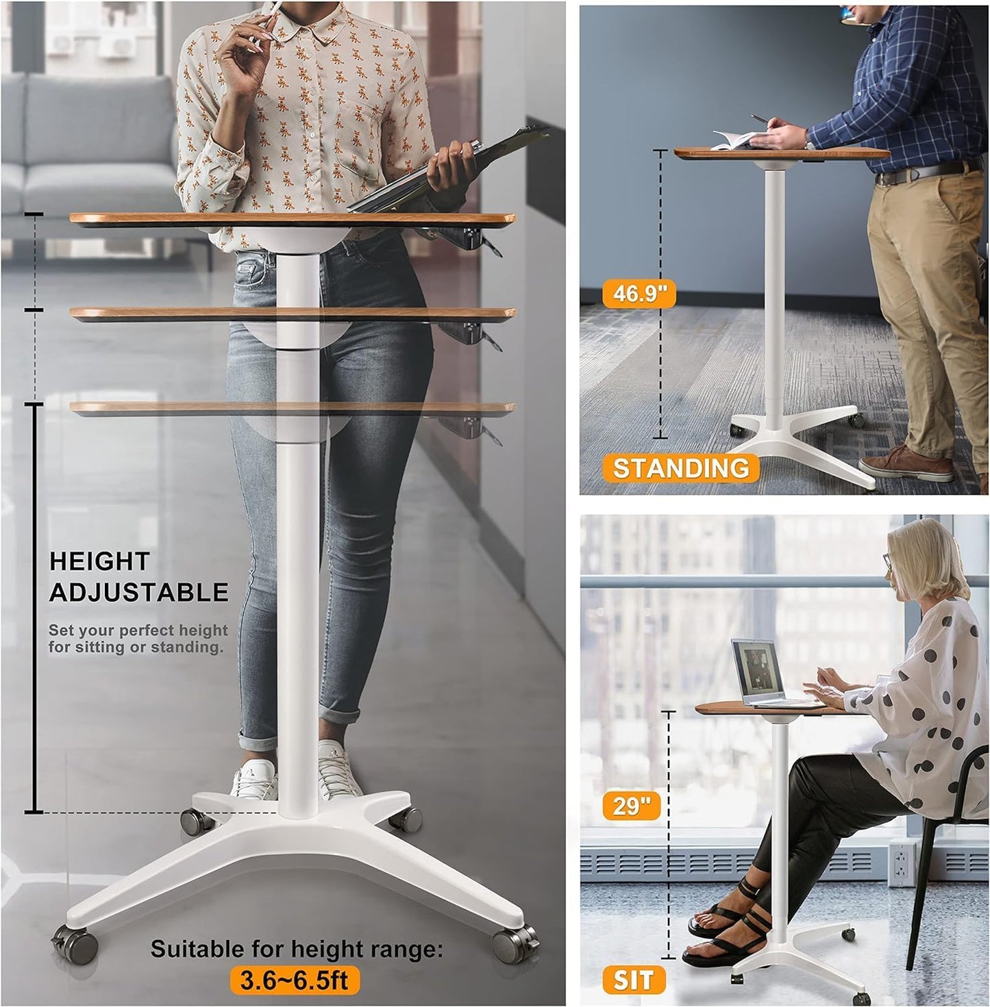 47" Mobile Standing Desk(26" W*19.3" D), Adjustable Height Laptop Desk, Pneumatic Desk with Gas Spring Riser, Podium for Home, Office，Classroom，Medical, (29" to 46.9" H) (Walnut)