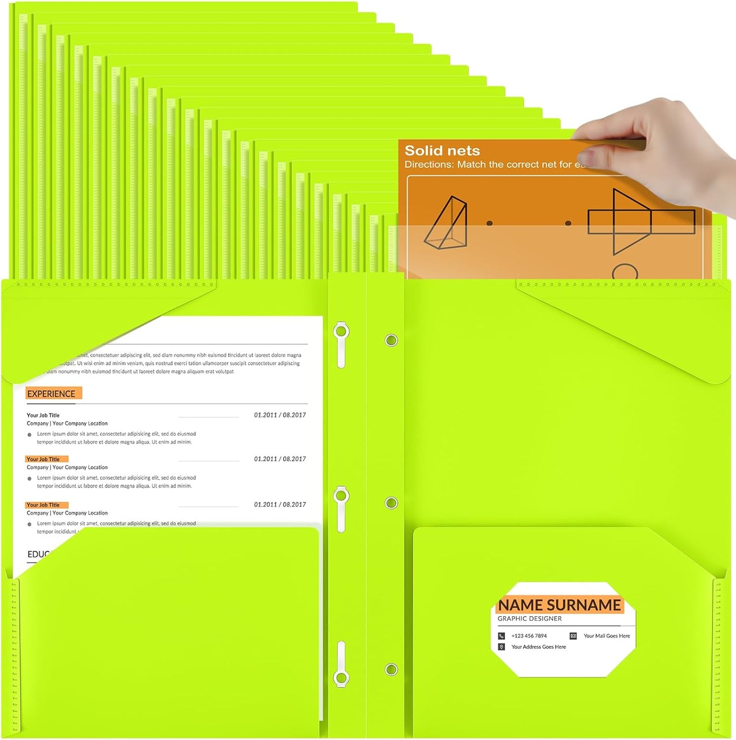 Henoyso 72 Pcs Plastic Folder with Clear Front Pocket and 3 Prong Plastic Folders with Card Slot Pocket Folders with Prongs for School Office (Fluorescent Green)