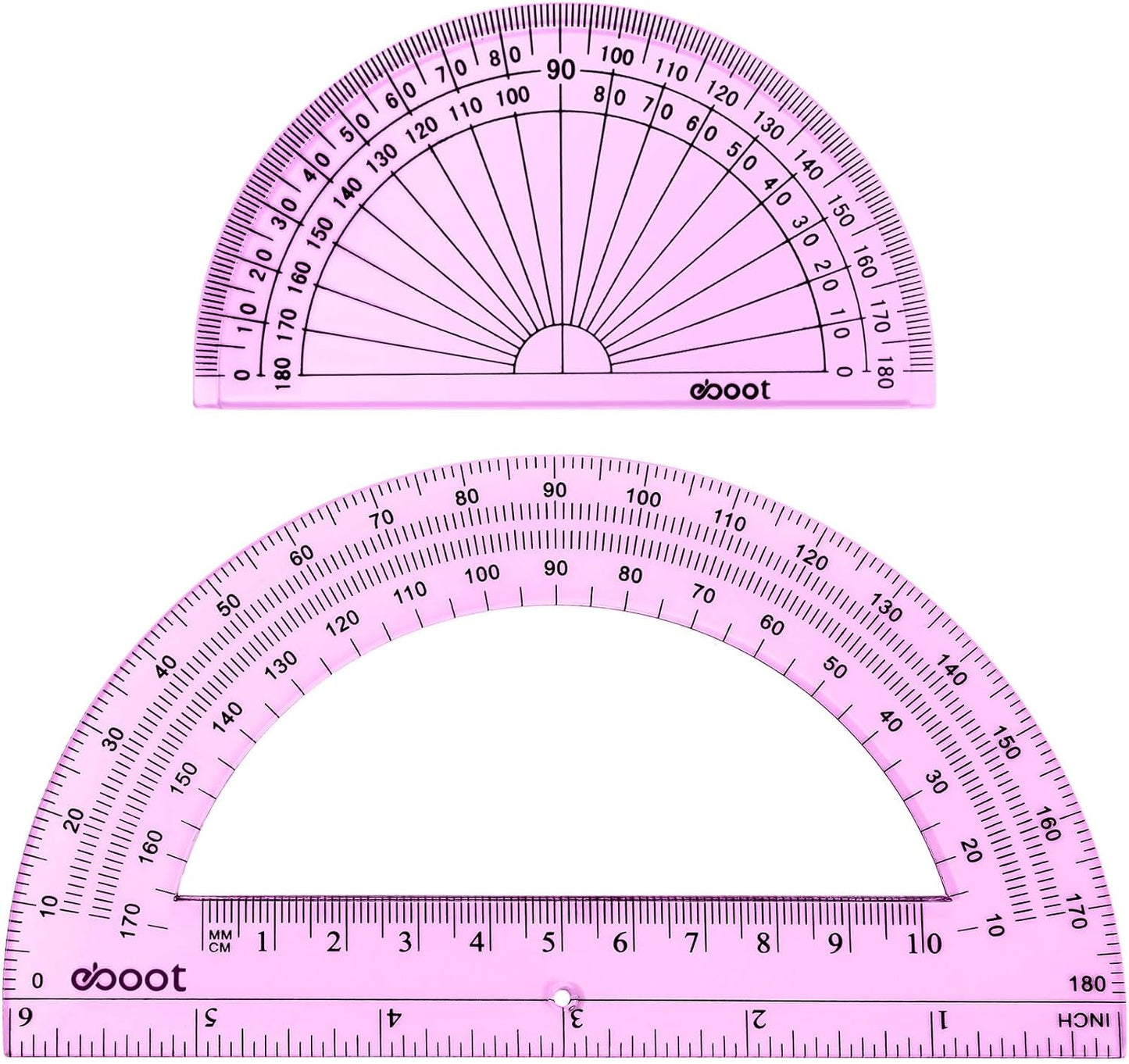 EBOOT 2 Pcs Plastic Protractor Clear 180 Degrees Transparent Protractor for Geometry, 4 Inch and 6 Inch(Pink)
