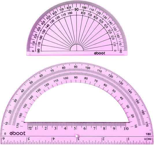 EBOOT 2 Pcs Plastic Protractor Clear 180 Degrees Transparent Protractor for Geometry, 4 Inch and 6 Inch(Pink)