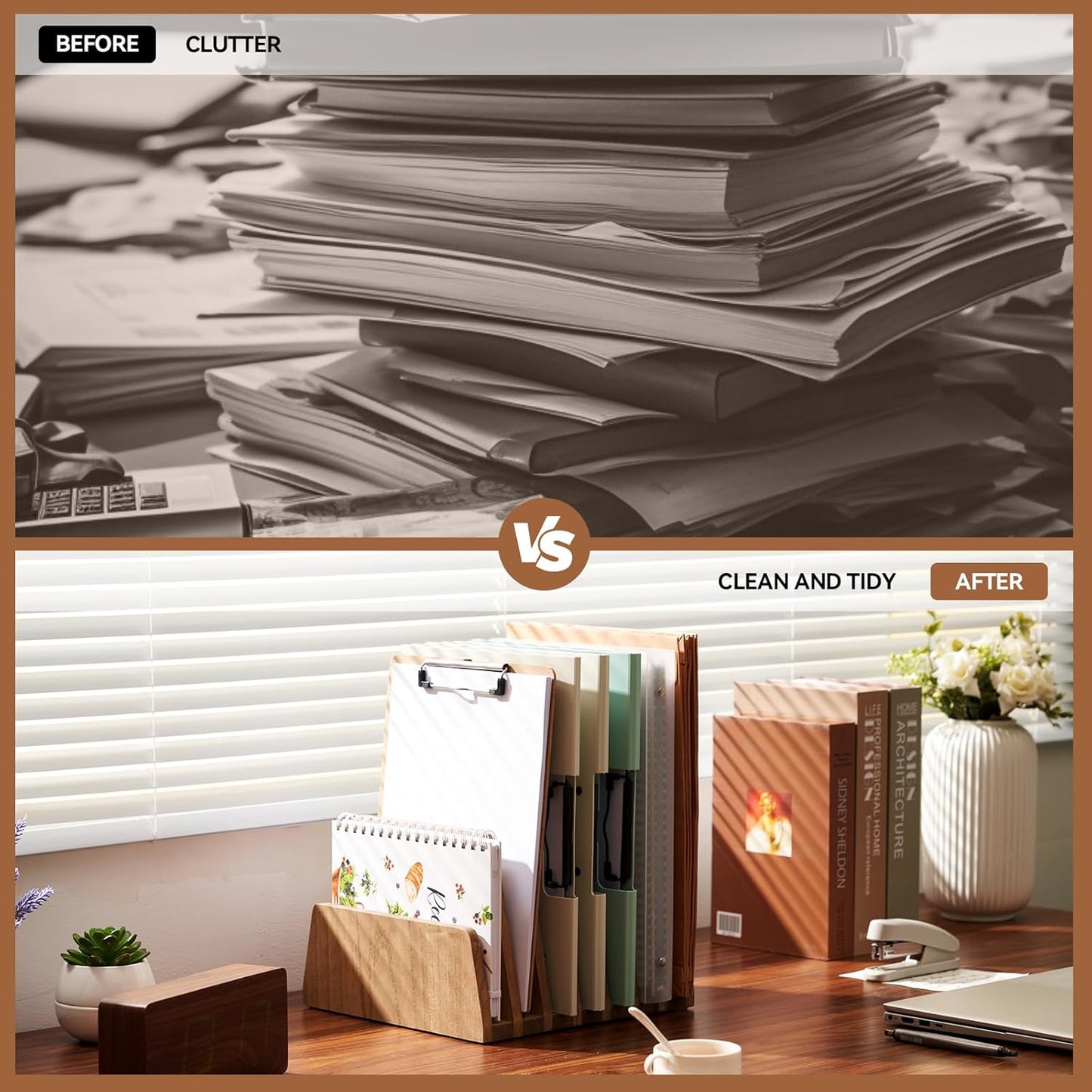 KIRIGEN Wood File Mail Organizer 7 Slots File Paper Holder Desktop Wood Document Letter Holder Organizer for Home Office Brown (7KWJJ-DBR)