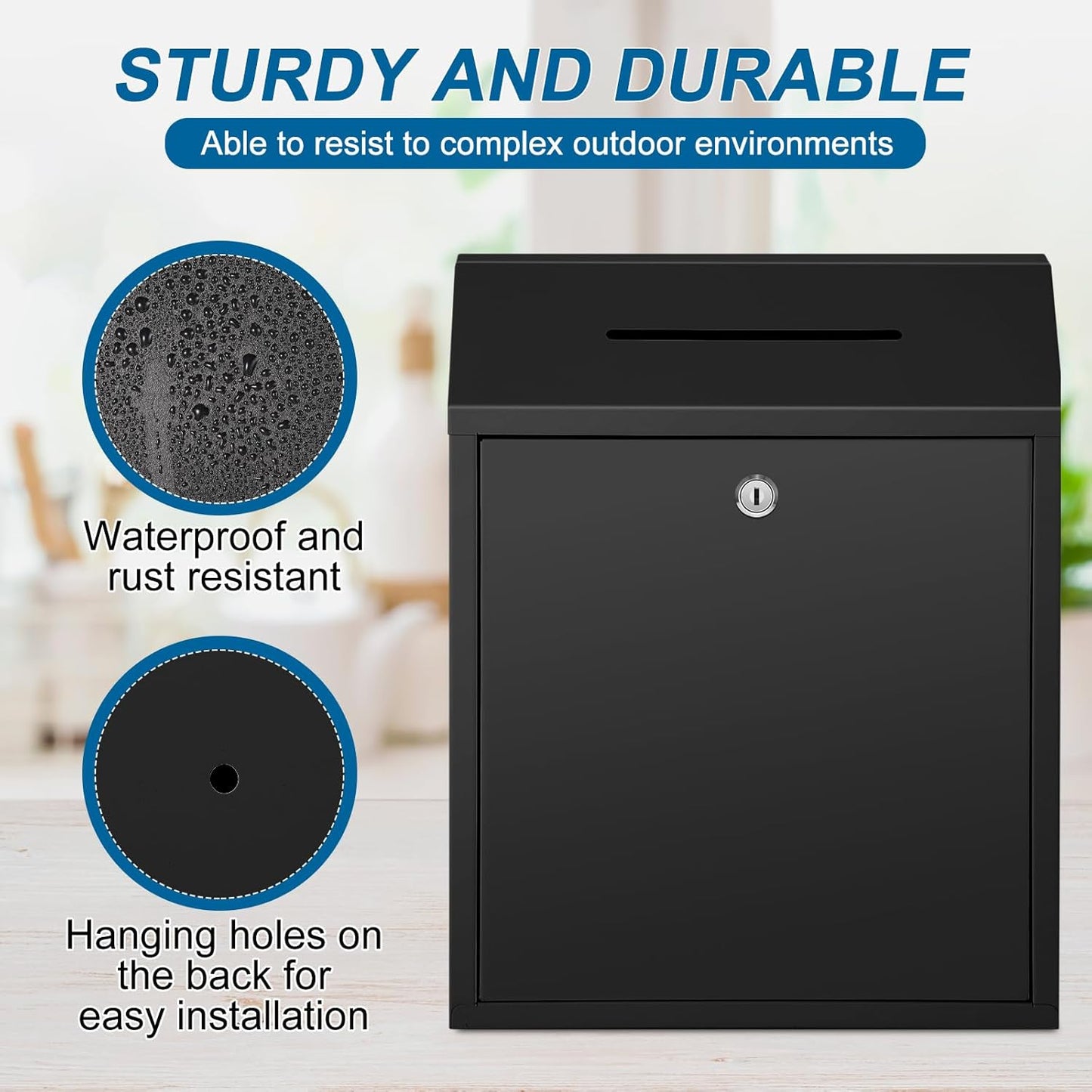 Metal Donation Cash Box Collection Safe Suggestion Box with Lock Wall Mounted Mailbox Delivery Ballot Container for Home Office Outdoor Door(Black,15 x 12 x 4 Inch)