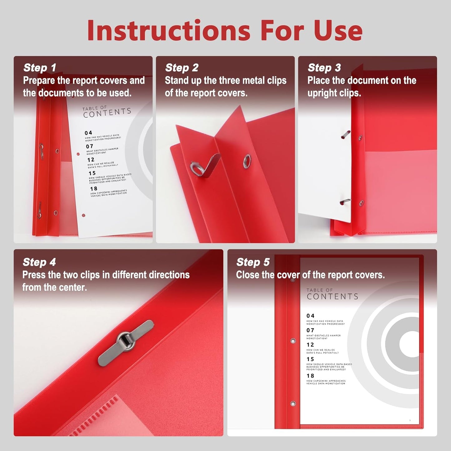 Ndsox 15 Packs Clear Front Report Covers with 3-Prong Fasteners, Plastic Project Presentation Folders Resume Document Covers with Red Back for 8.5" x 11" Letter Size Paper for School Office Business