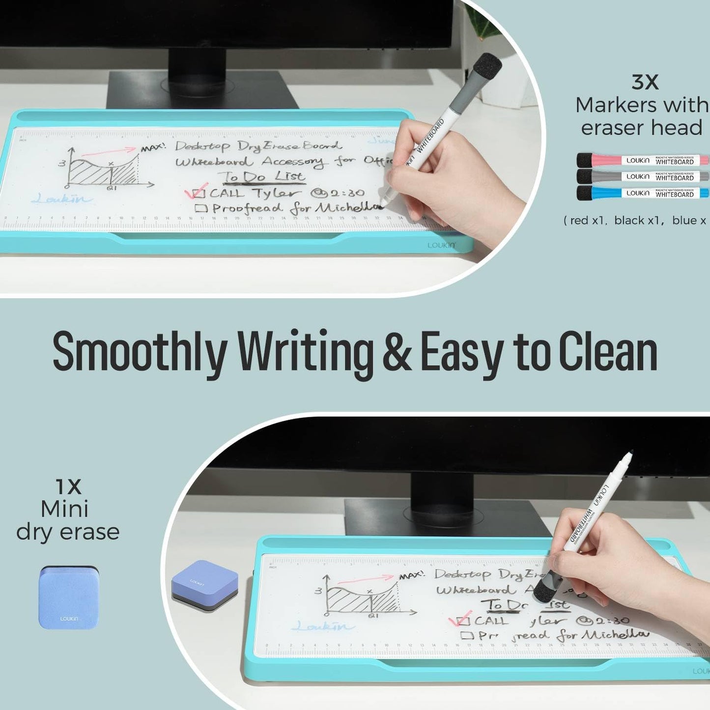 LOUKIN Glass Desktop Whiteboard, 15.3" x 5.6" Dry Erase Desk Board with Dotted and Graduated Surface, Desktop Buddy, Great for Design and Drawing, 3 Markers and 1 Dry Erase Eraser Included (Sky Blue)