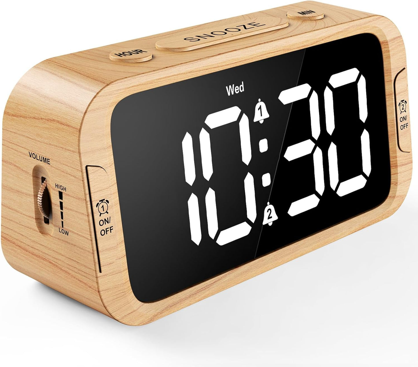 Digital Dual Alarm Clock for Bedroom, 0-100% Dimmer, Weekday/Weekend Mode, Easy to Set, USB Charger, Adjustable Alarm Volume with 5 Alarm Sounds, Snooze, 12/24Hr, Battery Backup (Wood Grain)
