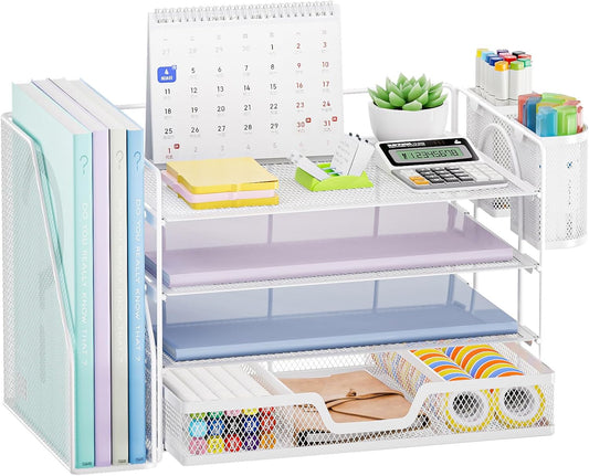 Marbrasse Desk Organizer and Accessories，4-Tier Paper Letter Tray Organizer with File Holder, Desk Accessories & Workspace Desk Organizers with Drawer and 2 Pen Holder (White, 15.4" x 9.1" x 8.3")
