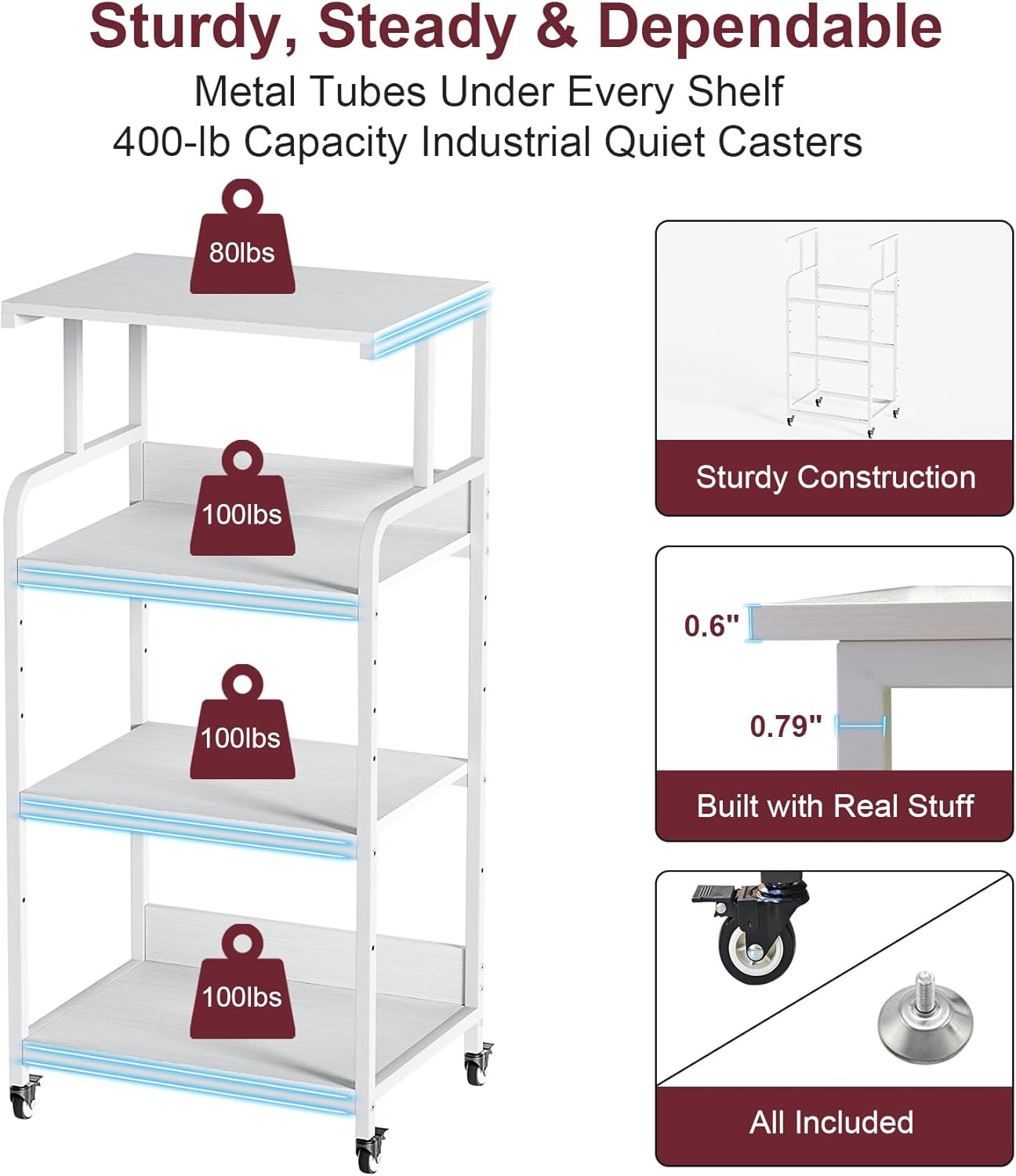 4 Tier White Printer Stand with Storage Shelf, Large Tall Printer Table for Home Office, Rolling Printer Cart with Industrial Wheels for Paper Shredder Scanner Fax Heat Press Small Space (White)