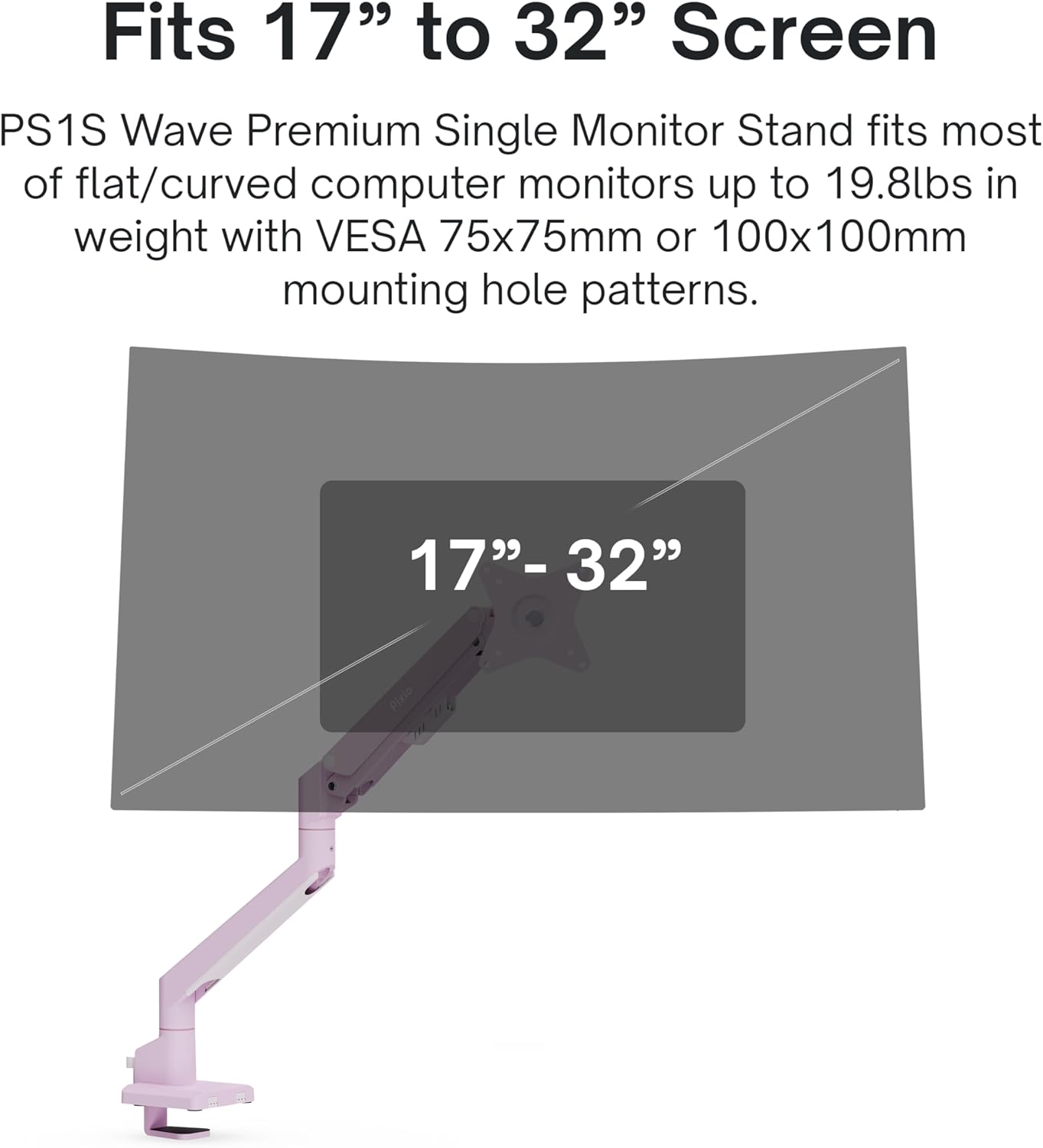 Pixio PS1S Wave Pink Single Monitor Arm Stand Desk Mount - Fits up to 32 inches Monitors and up to 19.8lbs. VESA Compatibility and Integrated Cable Management