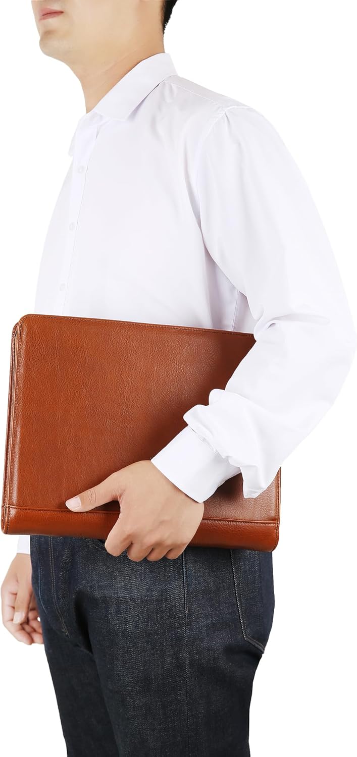 Handmade Genuine Leather Portfolio Organizer for IPad/Document, Business Padfolio with A4 Leather Notepad Holder, Leather Compact Folder Conference Portfolio for Men and Women, Oil-Brown