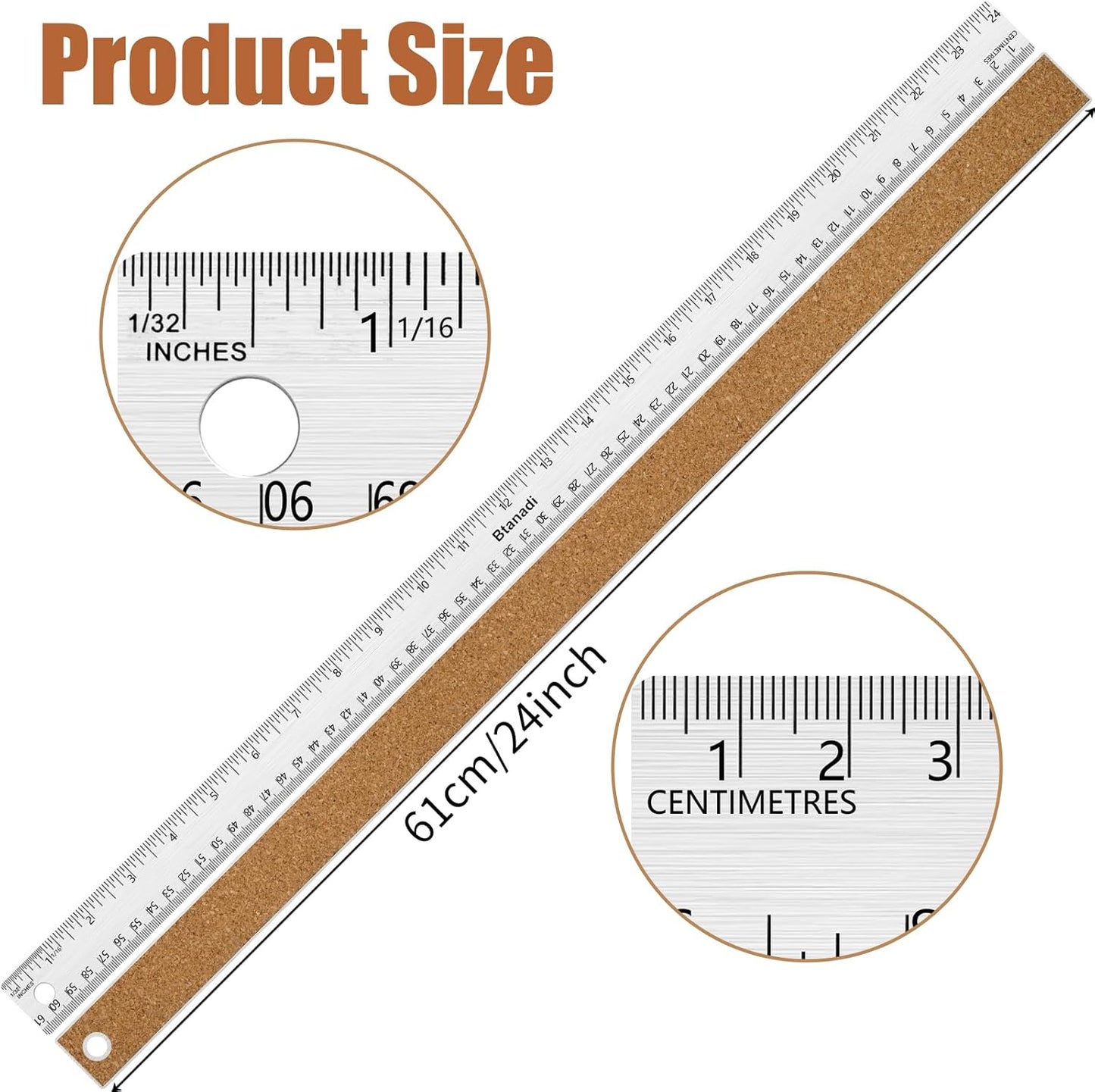 2PCS 24 Inch Metal Ruler, Stainless Steel Straight Edge Ruler with Cork Backing, Non-Slip Imperial & Metric Measuring Tool for School, Office, Woodworking, Drafting