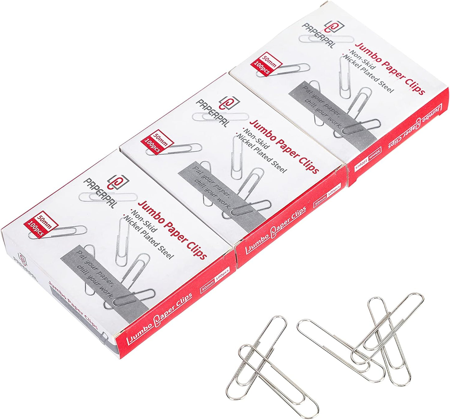 PAPERPAL Paperclips for Office School & Personal Use, Jumbo Nonskid Paper Clip (2"), 300 Large Paper Clips (3 Boxes of 100 Each), Silver