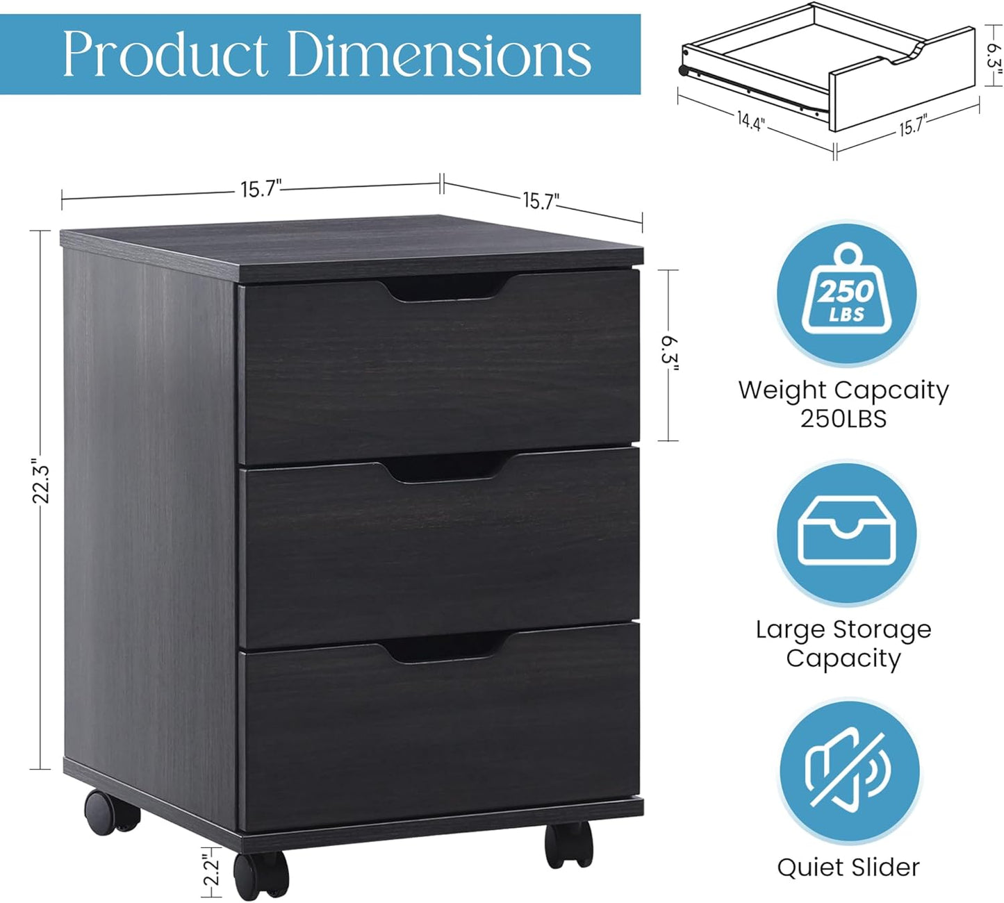 Farini 3-Drawer Under Desk Wooden File Storage Cabinet with Lockable Caster for Home Office,Black,Required Assembly