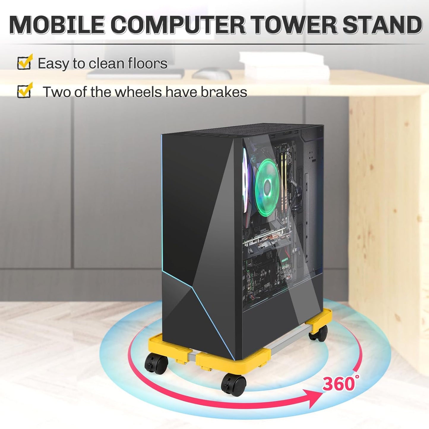 Liitrton Mobile CPU Stand, Adjustable Computer Tower Stand with 4 Locking Casters,Ventilated PC Stand for Floor with Multiple Colors, Fits Most PC Tower Under Desk Stand for Office Gamers (Yellow)