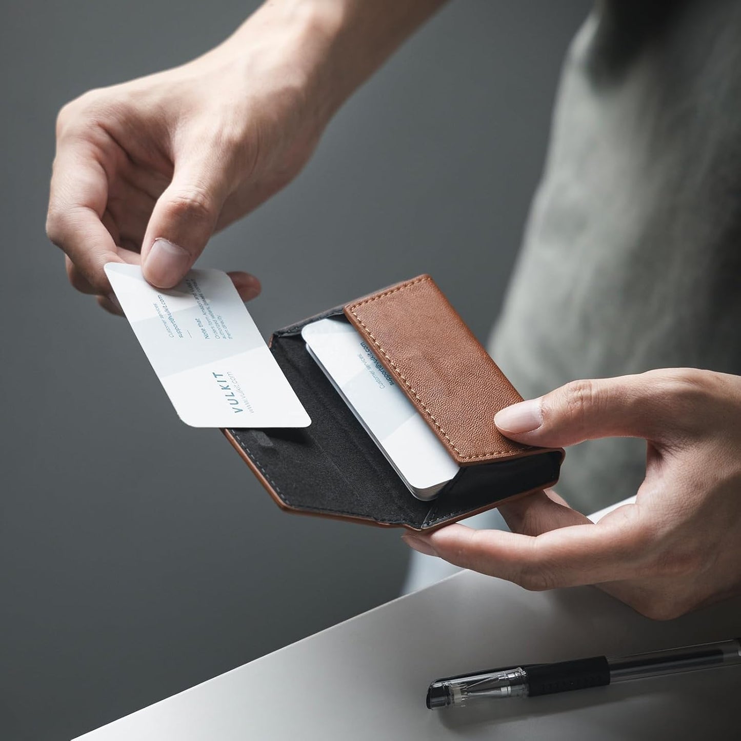 VULKIT Leather Business Card Holder Case for Men Slim Pocket Business Card Wallet Name Card Case Holder, Holds 20 Business Cards Brown