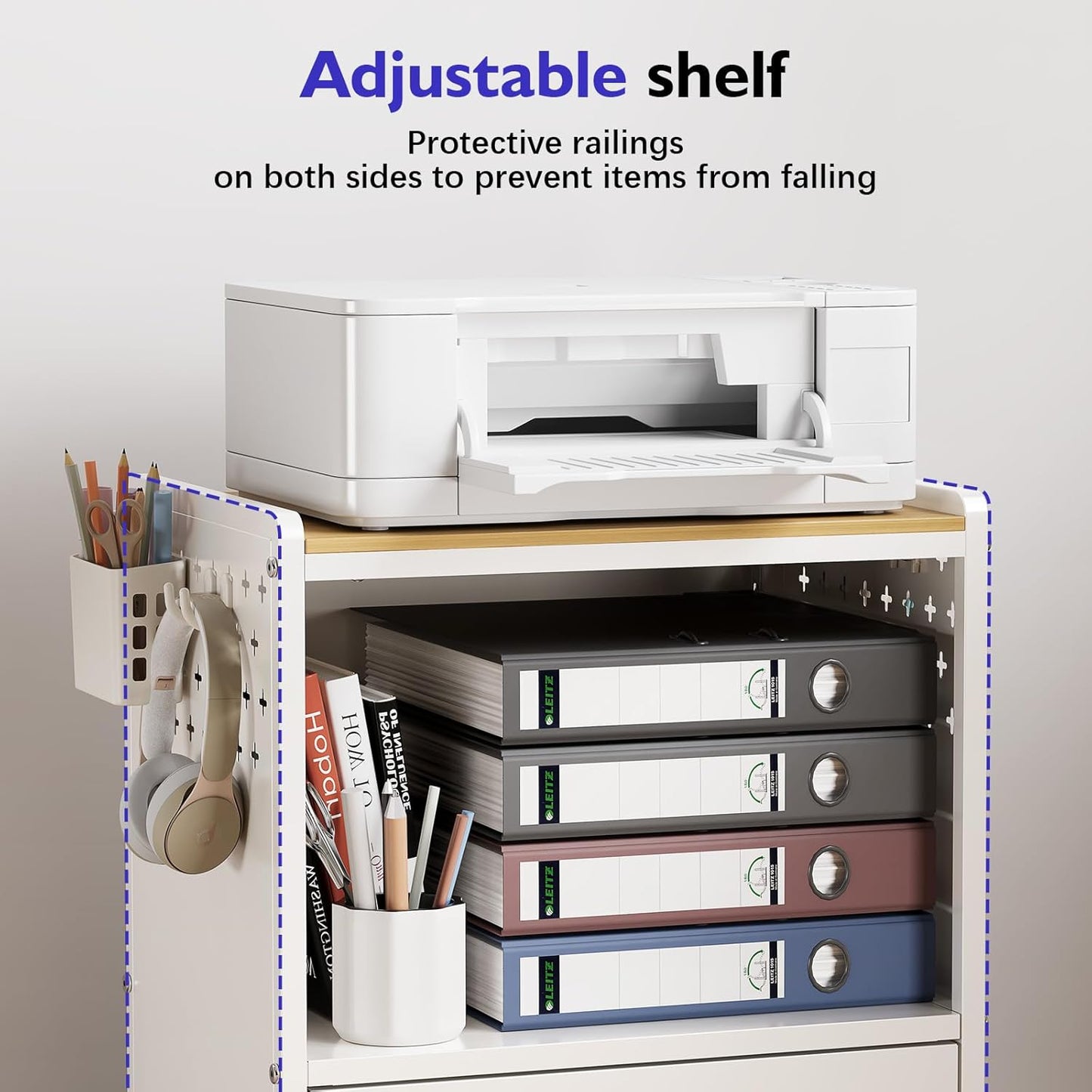 TOOLF 1-Drawer Mobile File Cabinet with Wheels, MDF Wooden Panel Printer Stand with Adjustable Shelves, 2 Storage Bins & 4 Hooks, Home Office Organization