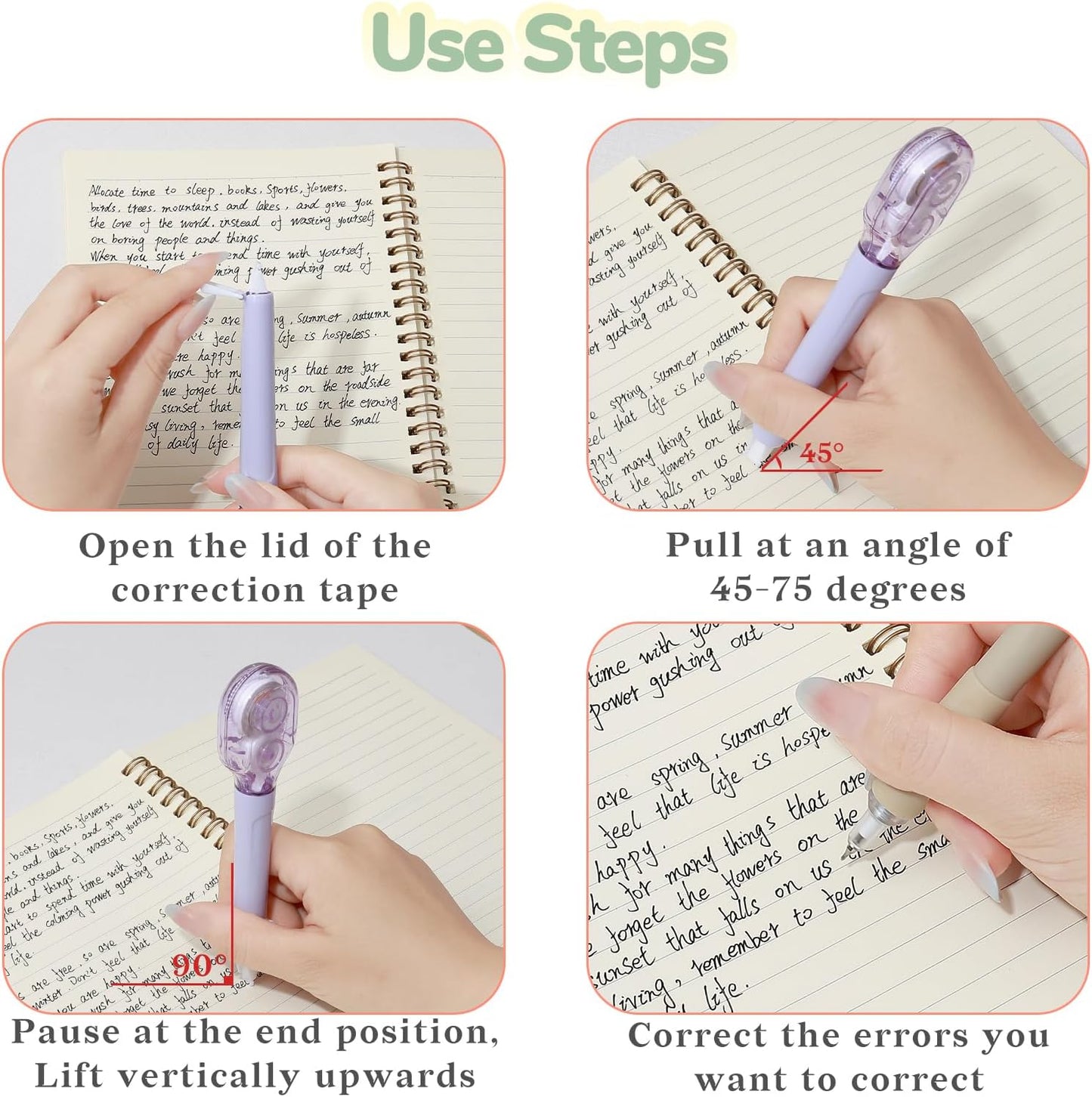 Temiary 4 Pcs White Correction Tape Pens, 6M/256" x 0.2" Smooth Pull Out Tape Pen, Easy to Use Applicator for Instant Corrections Back to School Office Supplies (Morandi)