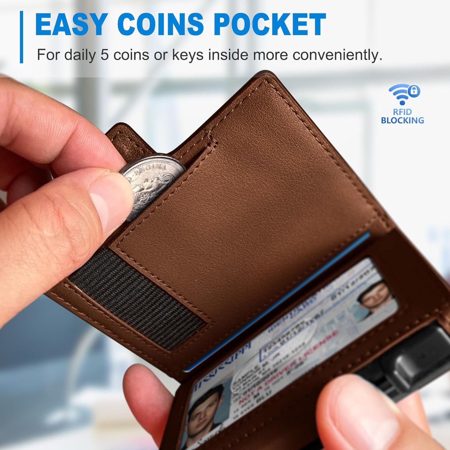 Men Wallet,with Money Clip Coins Pocket ID Window,Slim Front Pocket RFID Blocking Pop-up Card Holder 3.9"x 2.7", Gift Boxed