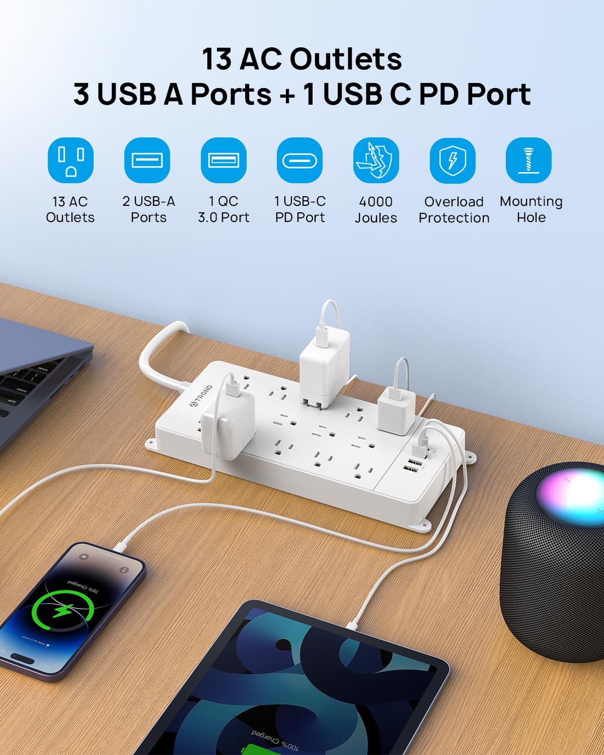 TROND Surge Protector Power Strip 10 ft, Flat Plug Long Extension Cord, 13 Wide Spaced Outlets, 4000 Joules, 32W Quick Charge 3.0 & USB C, Wall Mount, Under Desk, Heavy Duty, ETL Listed, White
