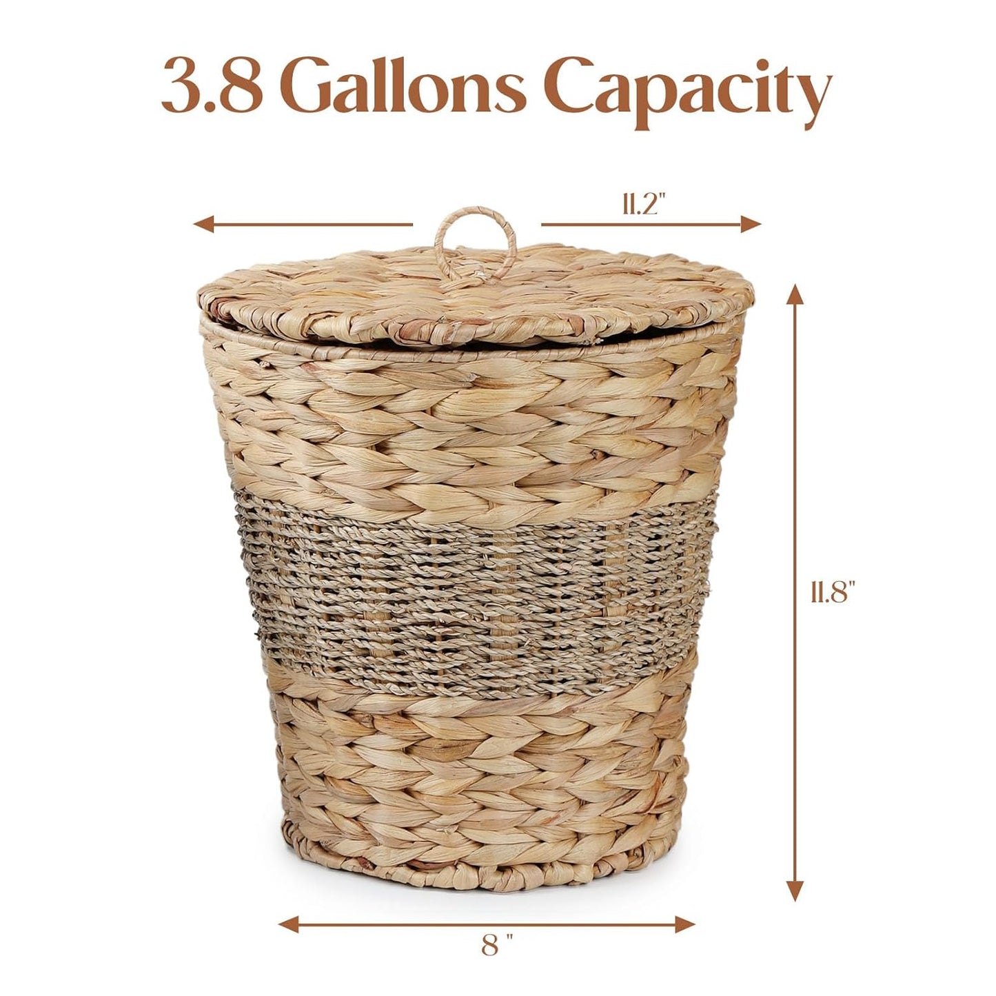 YANGQIHOME Wicker Trash Can with Lid - Water Hyacinth & Seagrass Garbage Can - Handwoven Wicker Waste Basket for Bathroom, Bedroom, Office, Living Room, Laundry Room - 3.8 Gallon