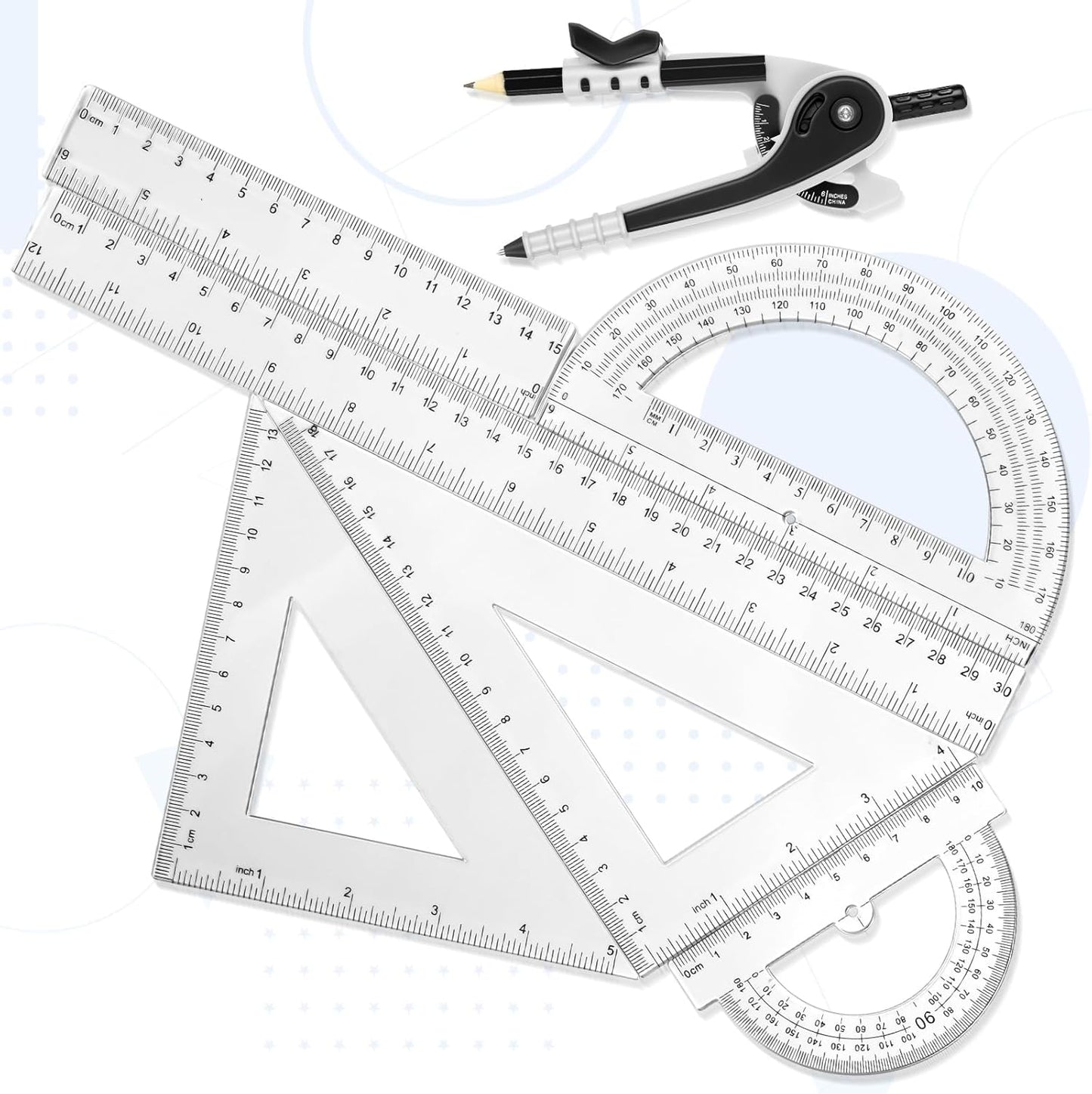 Zonon 1 Set Plastic Geometry Math Set 7 Pcs Includes 6'' / 4 '' Protractor, Drawing Compass, 45/60 Degree Triangle Rulers, 12'' / 6'' Math Ruler Transparent for Office Supplies(Clear)