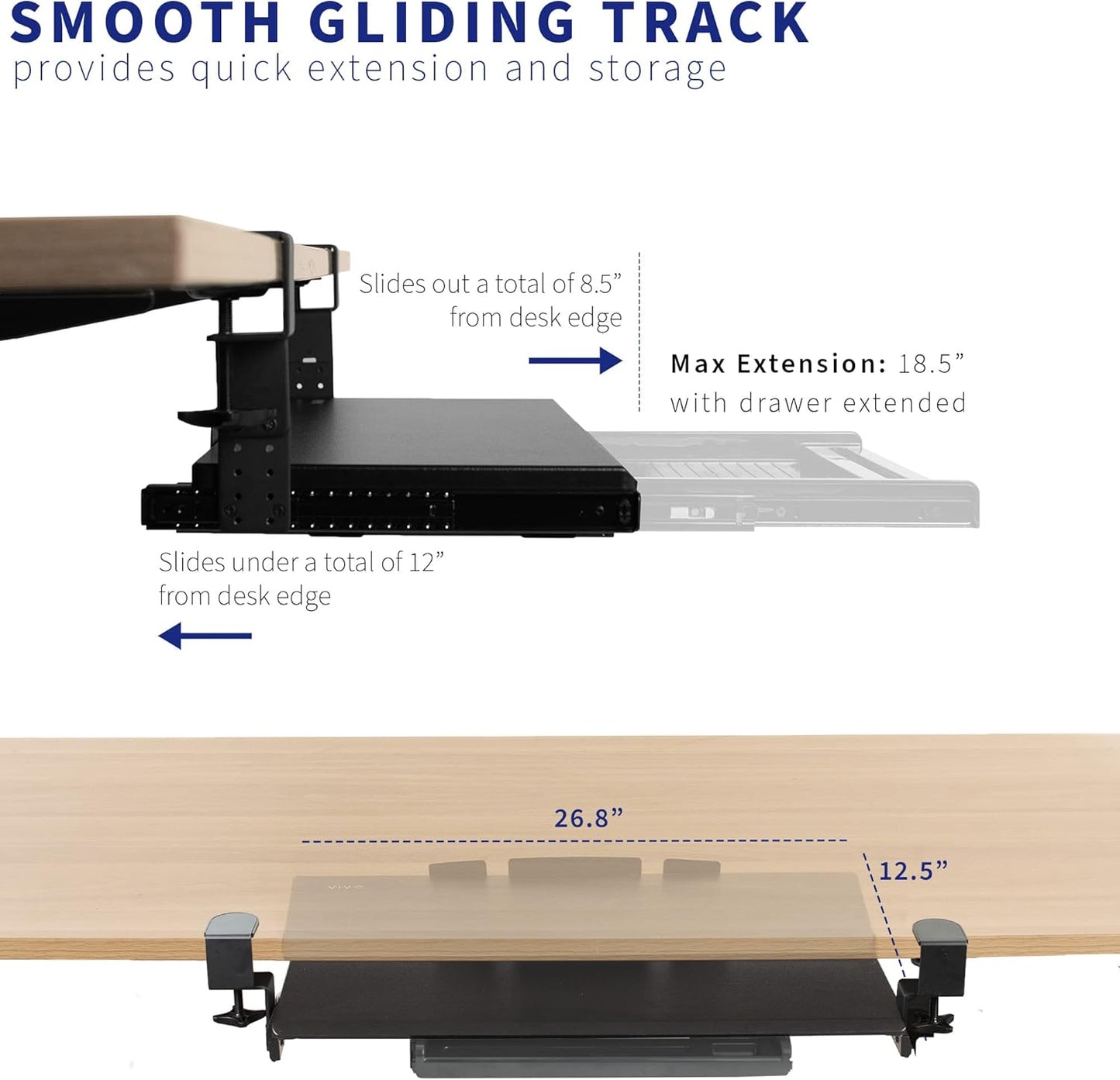 VIVO Large Clamp-on Height Adjustable Keyboard Tray, Pull Out Platform, Pencil Drawer, 27 (33 Including Clamps) x 11 inch Slide-Out Tray Storage Drawer, Black, MOUNT-KB05-4DH
