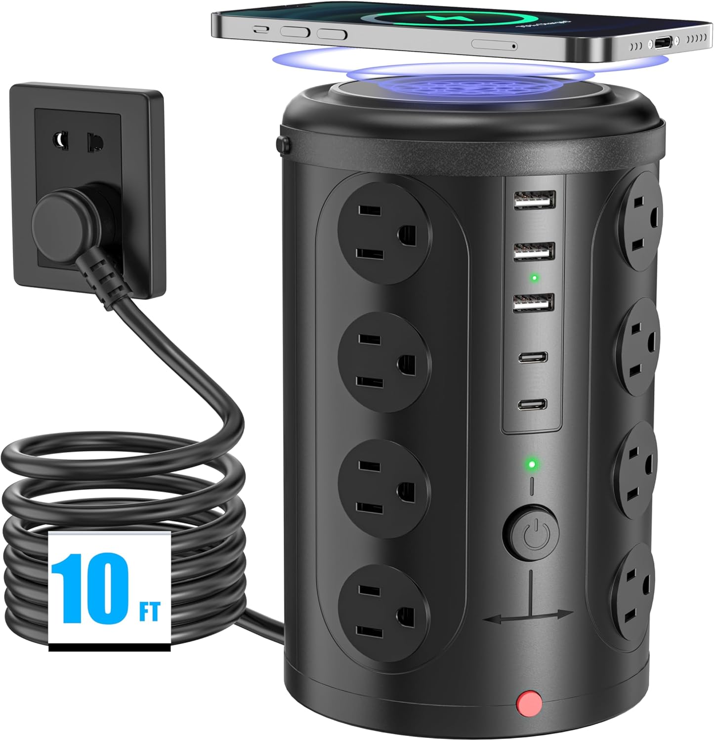 Surge Protector Power Strip,Desk Charging Station with 15W Wireless Charger, Multiple Outlets Charging Station with 16 AC Outlets & 5 USB (2 USB C) Port, for Home, Office, Dorm Room（10FT）