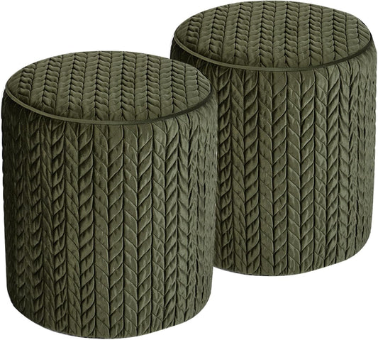 Modern Round Ottoman 2Pcs, Braided-Tufted Foot Stool Ottoman, Velvet Upholstered Vanity Stool for Makeup, Bedroom, Living Room, Dark Green