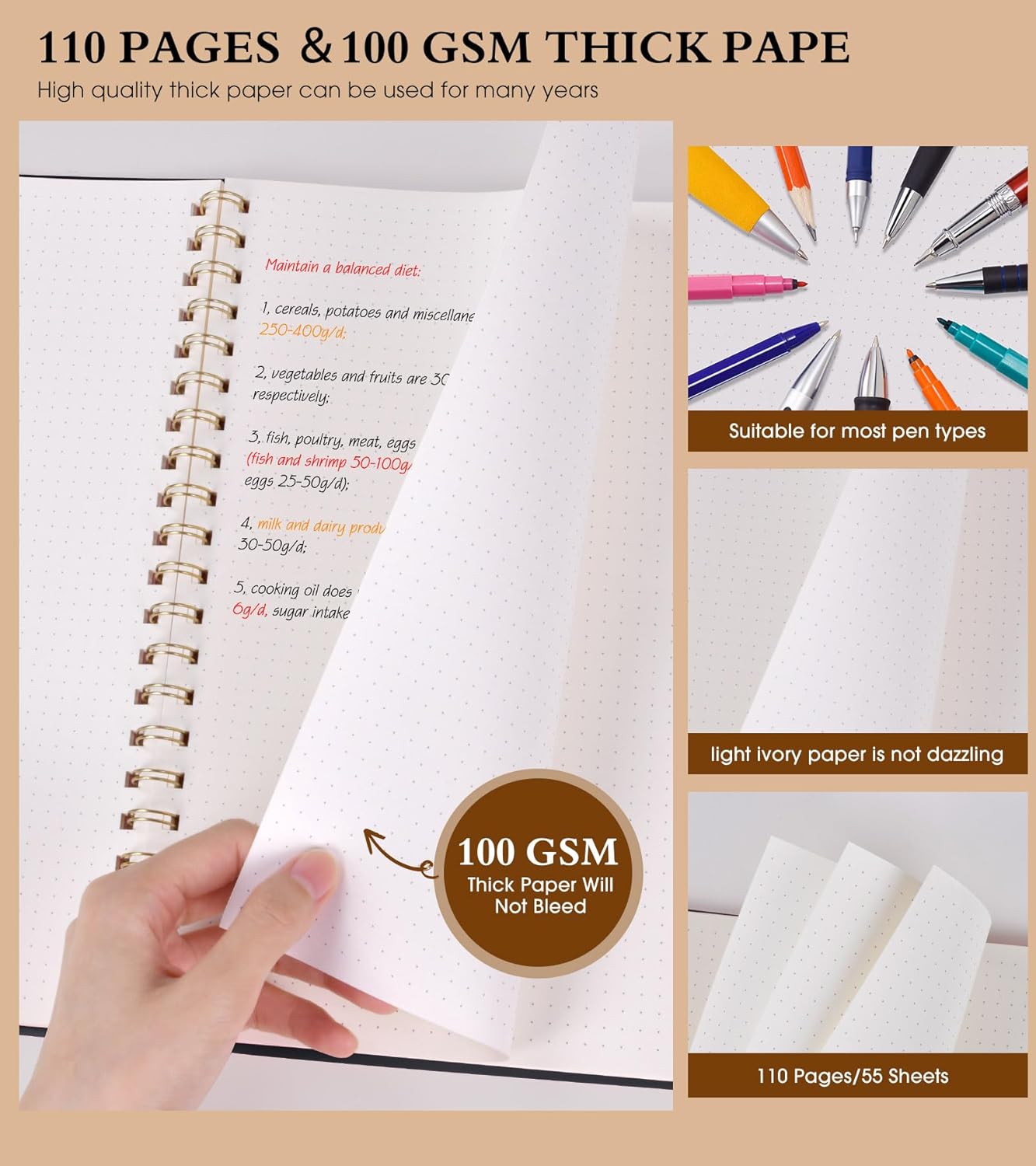 Dotted Notebook, Spiral Notebook Journal 8.5” x 11”, A4 Large Dot Grid Notebooks for Women Men, 100 GSM Dotted Paper, Plastic Hardcover Spiral Bullet Journals for Work School Sketching, Black