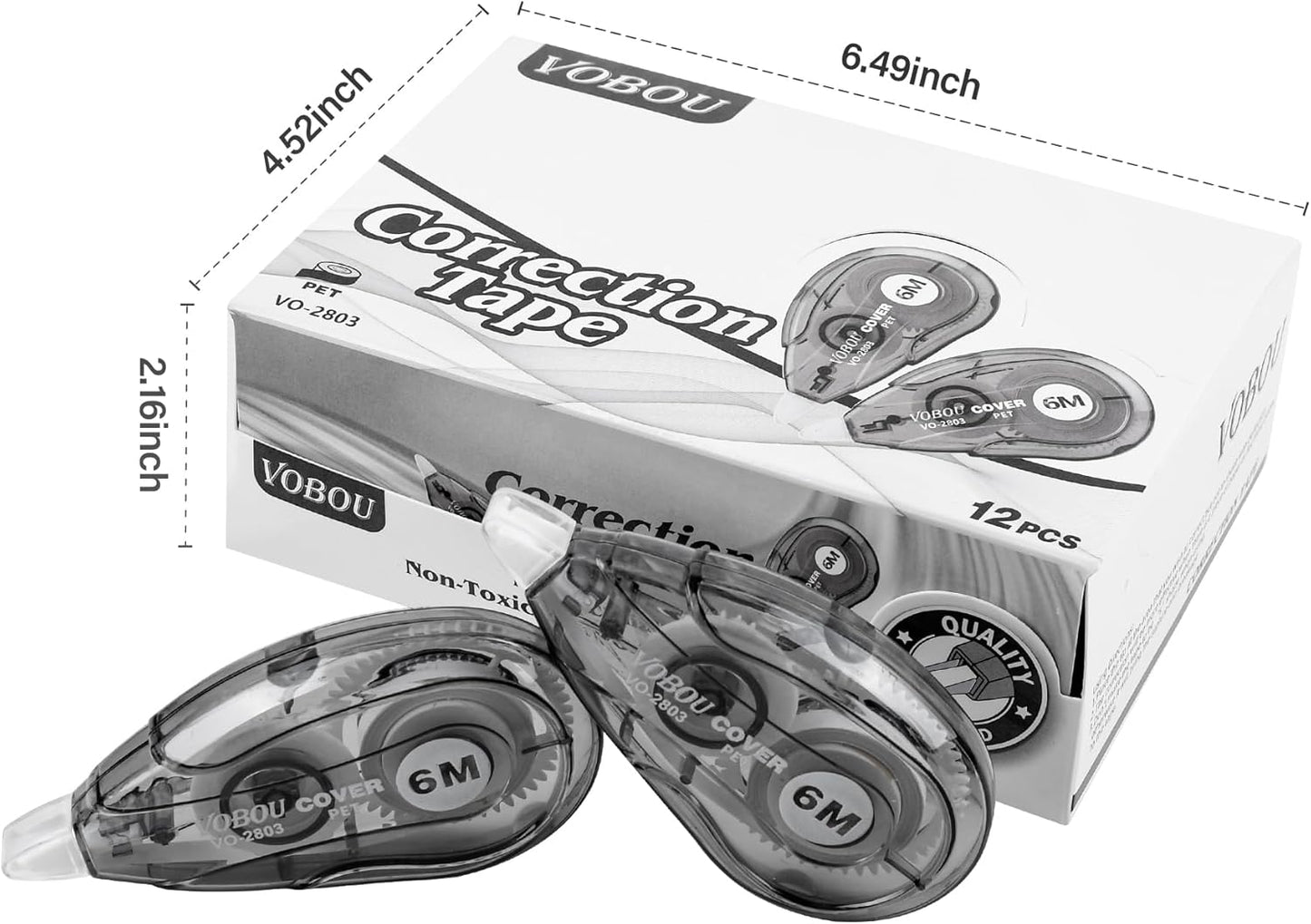 White Correction Tape Dispenser, Easy To Use Applicator for Instant Corrections, For school, Office (Black, 12pack, 6M/256, Tape Width 0.2in)