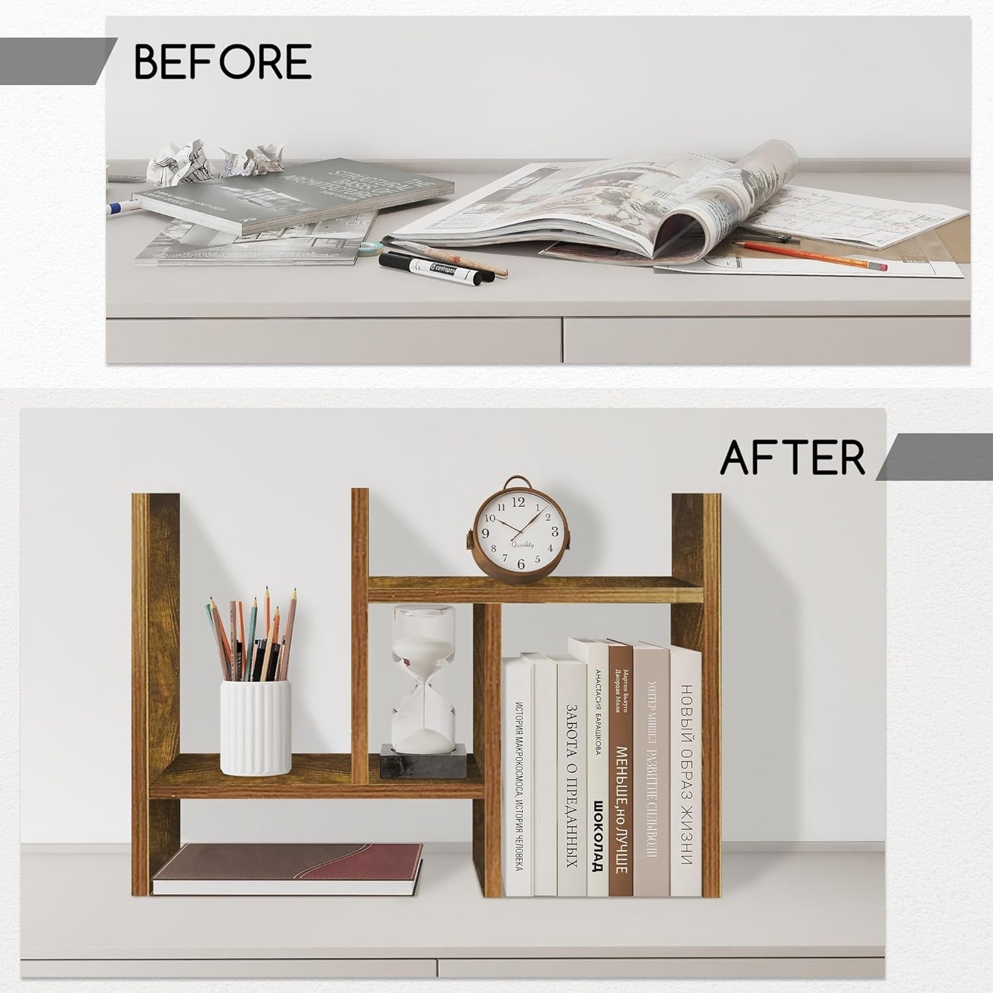 Jerry & Maggie Desktop Organizer Office Storage Rack Adjustable Wood Display Shelf Free Style Double H, Multi-Functional Mini Bookshelf for Desk Natural Stand (Natural Wood Tone)