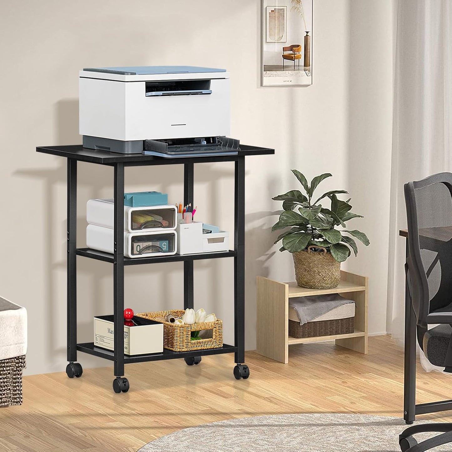 Lerliuo 3-Tier Printer Stand, Industrial Mobile Printer Table with Storage Shelf and Steel Frame, Rolling Printer Cart Holder with Lockable Wheels for Home, Office (Black)