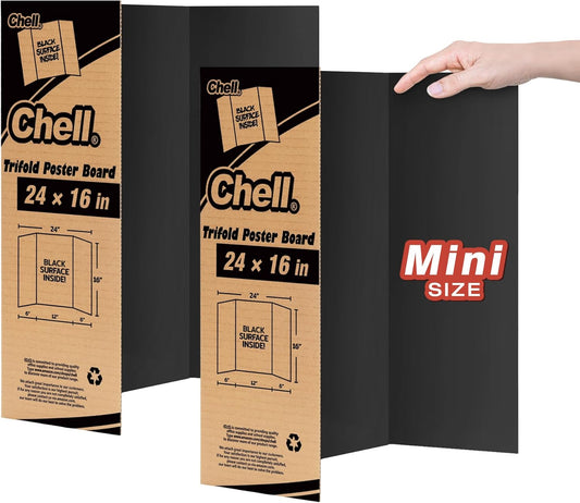 Chell Mini Size Trifold Poster Board, 16" x 24", Small Corrugated Project Boards, Black, 2 Pack