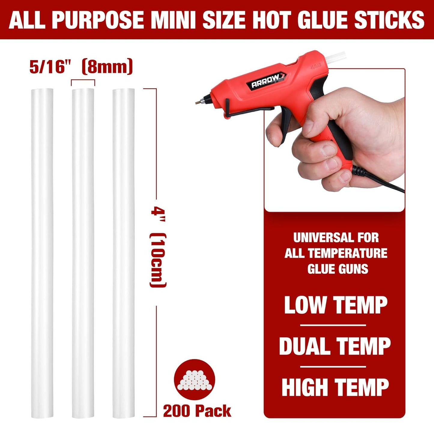 Arrow Mini Hot Glue Sticks, 200 Pack Clear Glue Gun Sticks, 4" and 5/16'' Diameter High Viscosity All-Purpose Gun Stick for DIY Art, Craft General Repairs, Festival Home Decoration