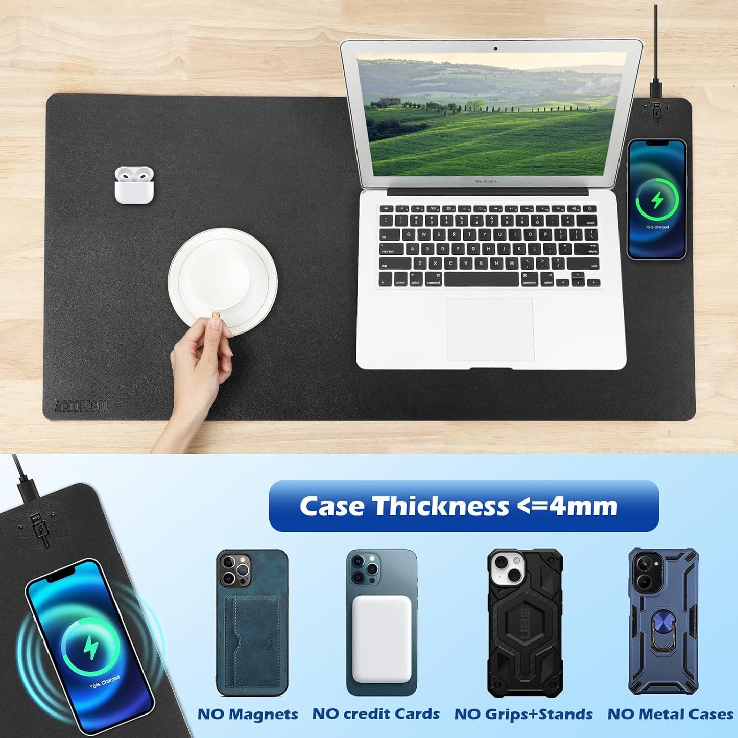 Wireless Charging Desk Mat with Desk Pad for Desktop Charging Large Mouse Pad Waterproof Leather Computer Mat Mouse Pad Non-Slip Protector on Top of Desks for Keyboard and Mouse (black-r, 36*17inch)