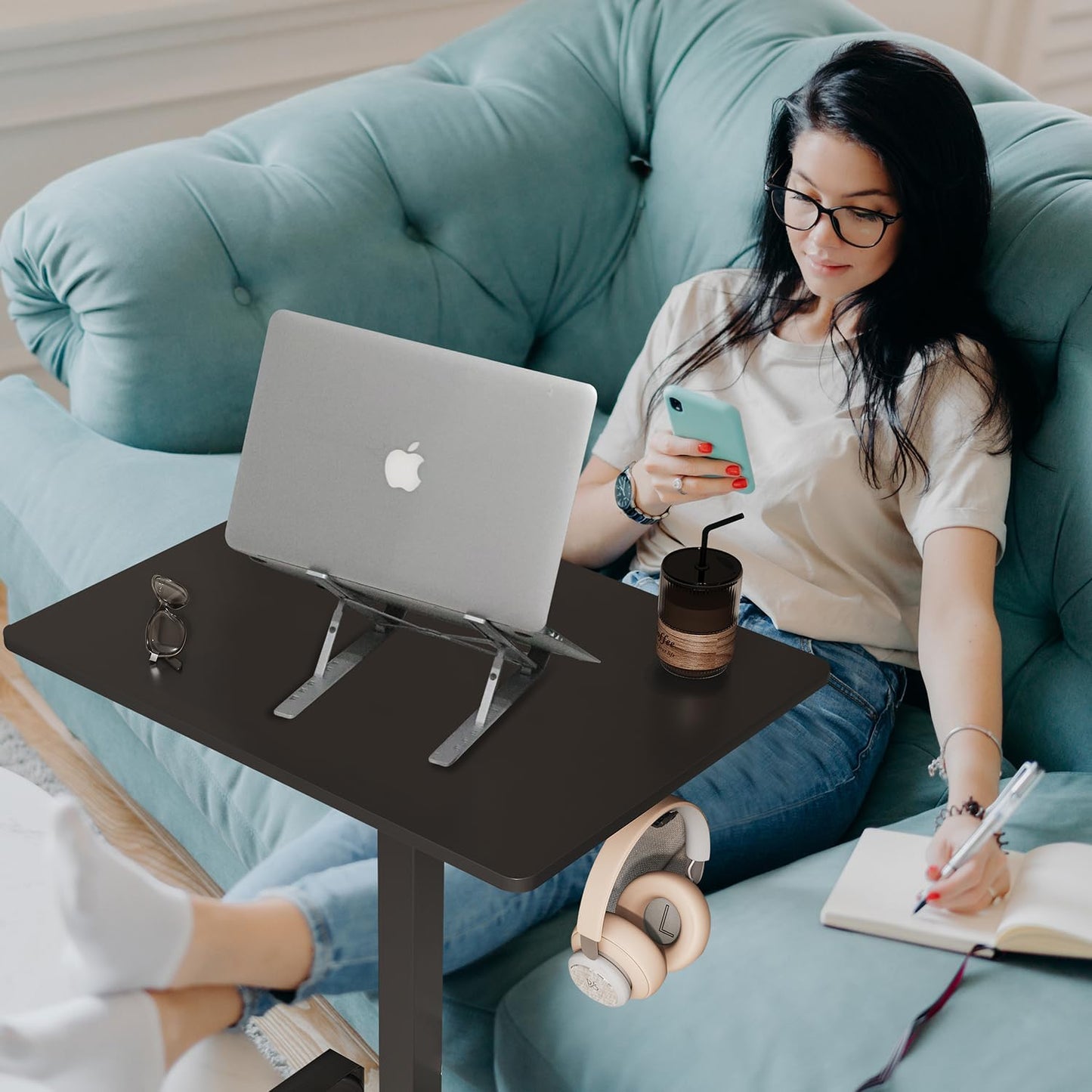 Mobile Small Standing Desk, Gas Spring Adjustable Height Rolling Portable Laptop Desk with Lockable Wheels, Computer Workstation, Rolling Podium (Black, 17.8 * 25.5)