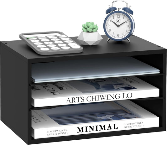 SUPEASY Wooden Desk Organizer - 3 Tier Paper File Organizer for Office, School & Home, Black