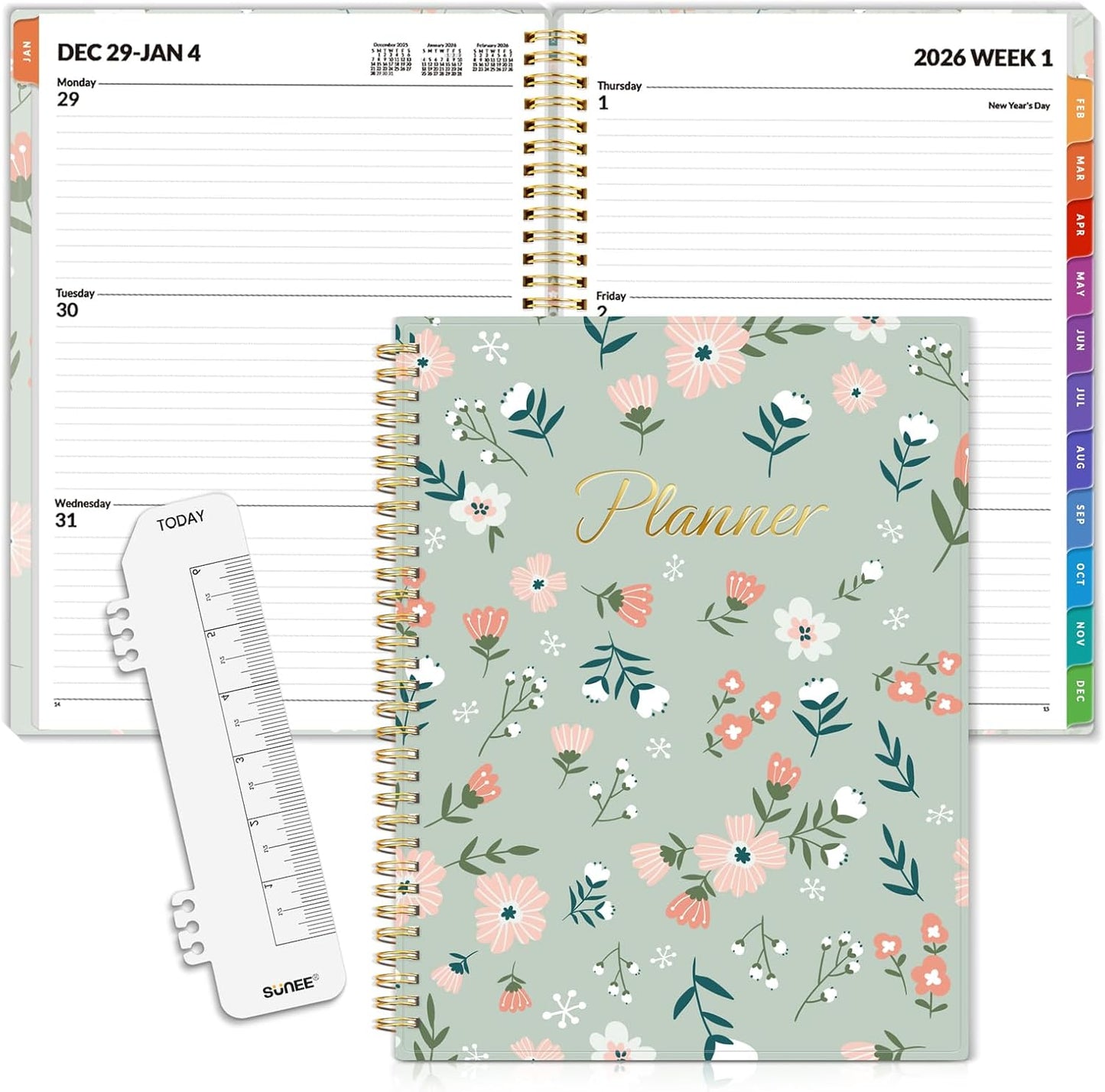 SUNEE 2026 Weekly and Monthly Planner - from January 2026 - December 2026, 8.5"x11" Daily Agenda Planner with Monthly Tab, Flexible Cover, Note Pages, Pockets, Bookmark, Green Wildflowers