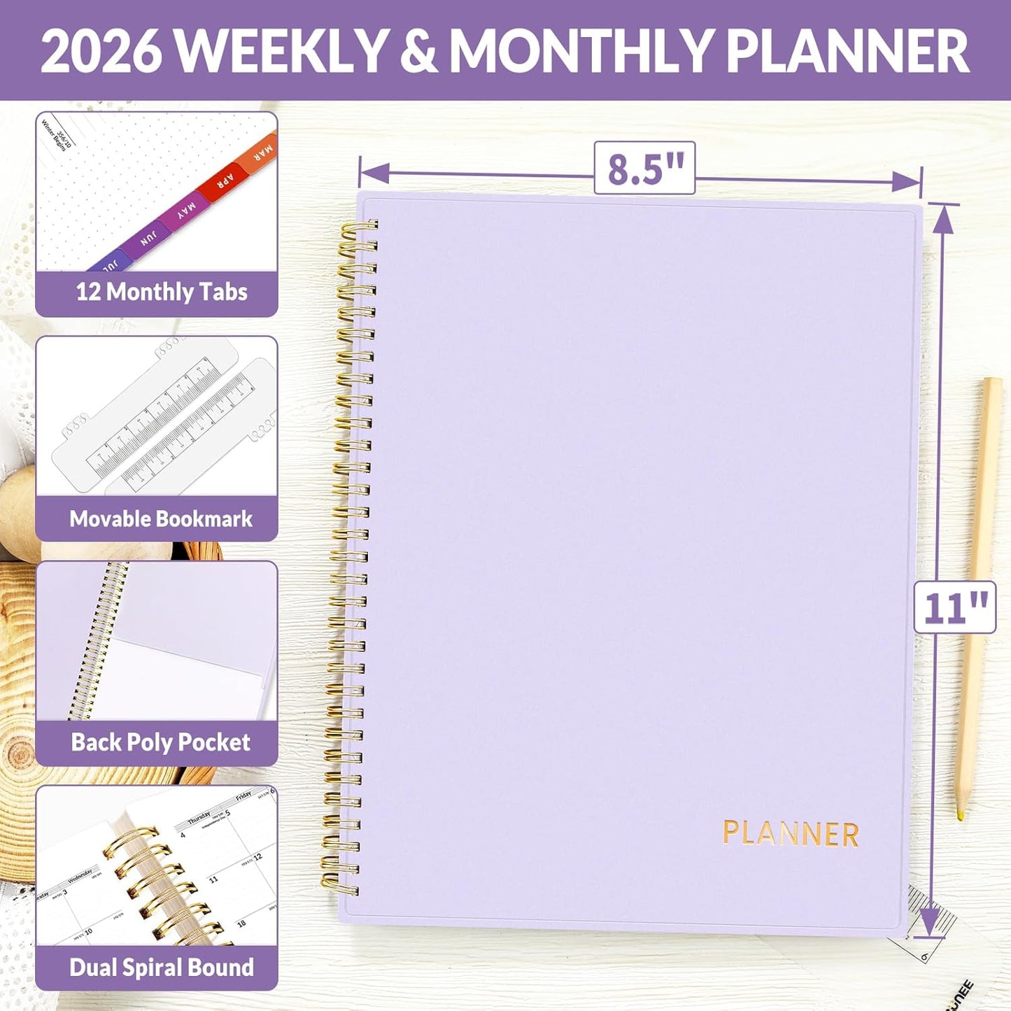 SUNEE 2026 Weekly and Monthly Planner - from January 2026 - December 2026, 8.5"x11" Daily Agenda Planner with Monthly Tab, Flexible Cover, Note Pages, Pockets, Bookmark, Spiral Binding, Purple