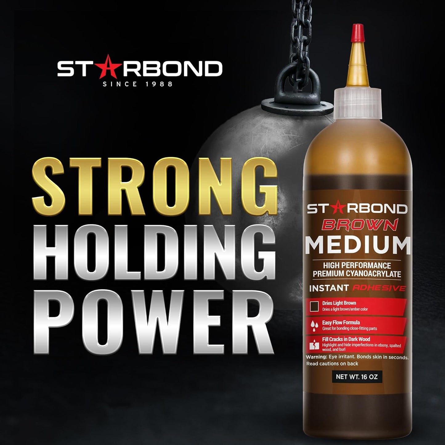 Premium Grade Cyanoacrylate (CA) Super Glue by STARBOND - 16 OZ Complete Refill KIT (453-gram) - Light Brown Medium Crack Filler 150 CPS Viscosity Adhesive for Woodworking, Woodturning, Carpentry