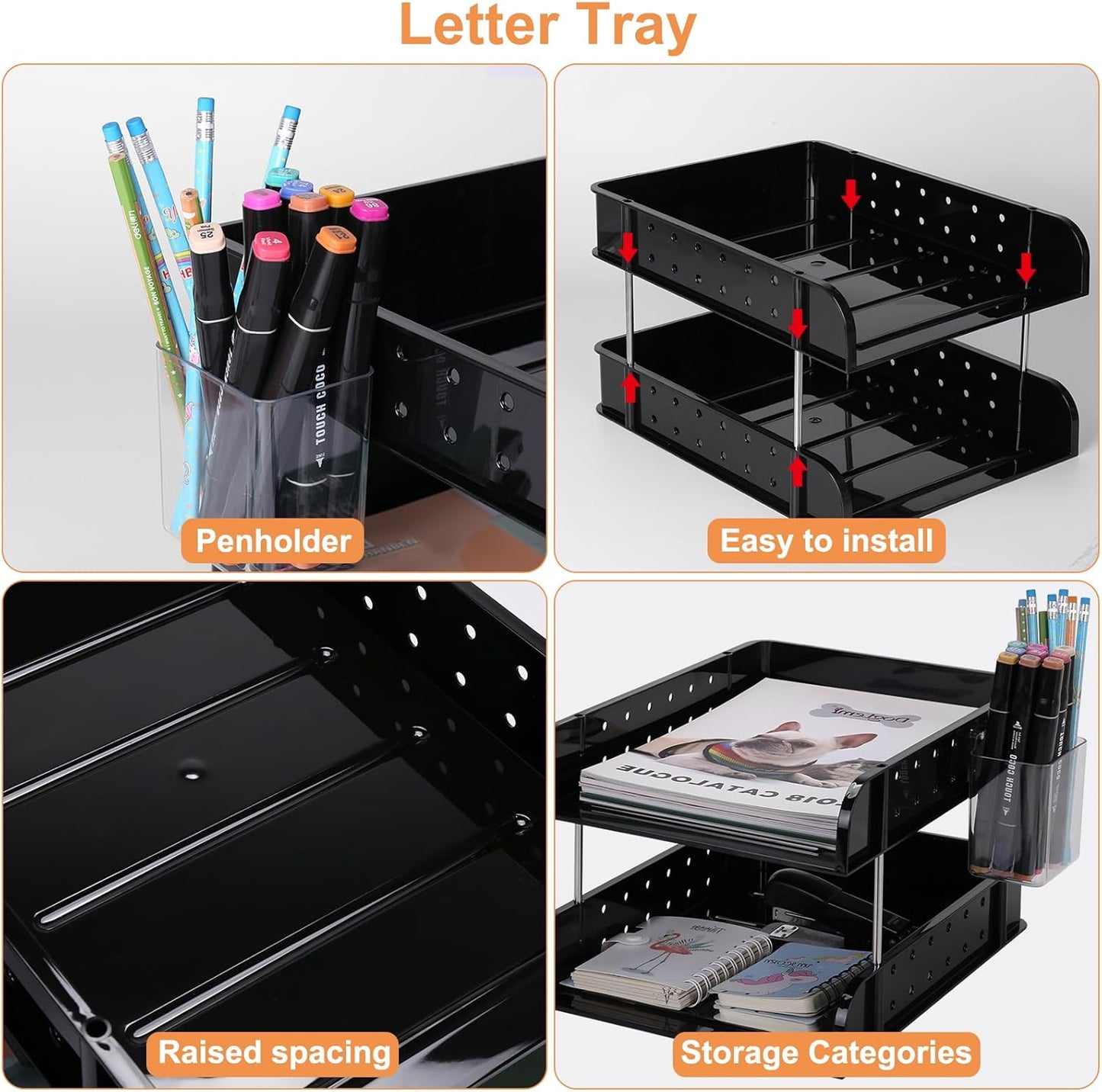 Stackable Letter Tray Papers Organizers, A4 Size Desk Organizer Tray for Letter Paper Stationery Desk Accessories, Plastic Black Paper Holder File Organizer for Office, School, Home (Dark Black)