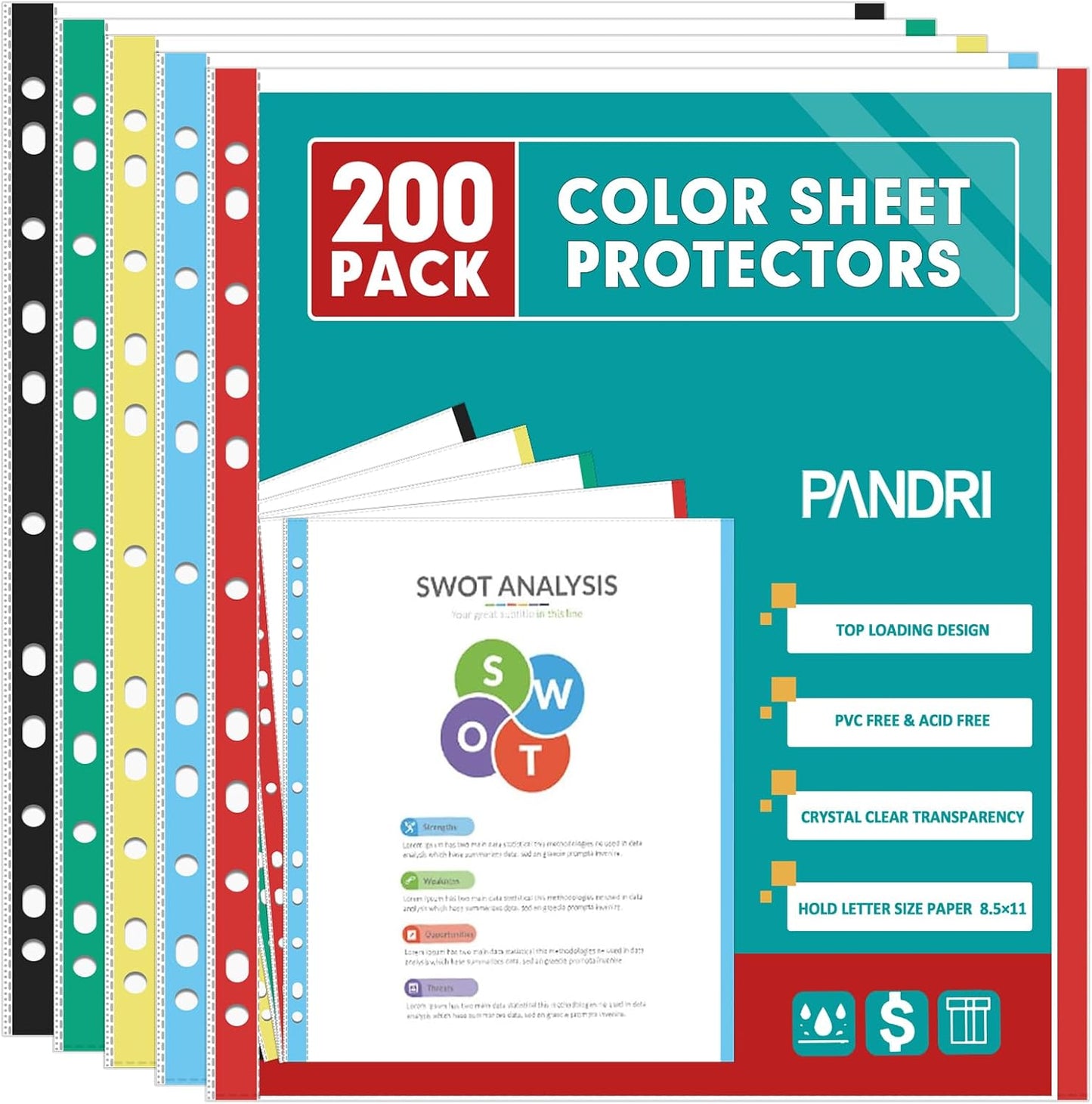 Sheet Protectors, PANDRI 200 Pack Color Heavy Duty Plastic Page Protectors Sheet Reinforced 11-Hole Fit for 3 Ring Binder Fits Standard 8.5 x 11 Paper, 9.25 x 11.25 Top Loaded, Excluding Acid