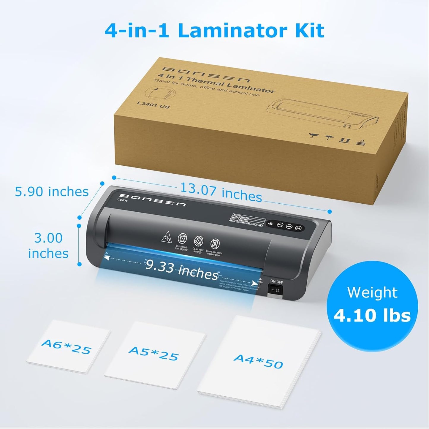 BONSEN A4 Laminator Machine, 9.33-Inch Thermal Laminator with Never Jam Technology, 100 Laminating Sheets, Laminates Photos Cards Documents, 4-in-1 Personal Laminators for Teachers Home Office School